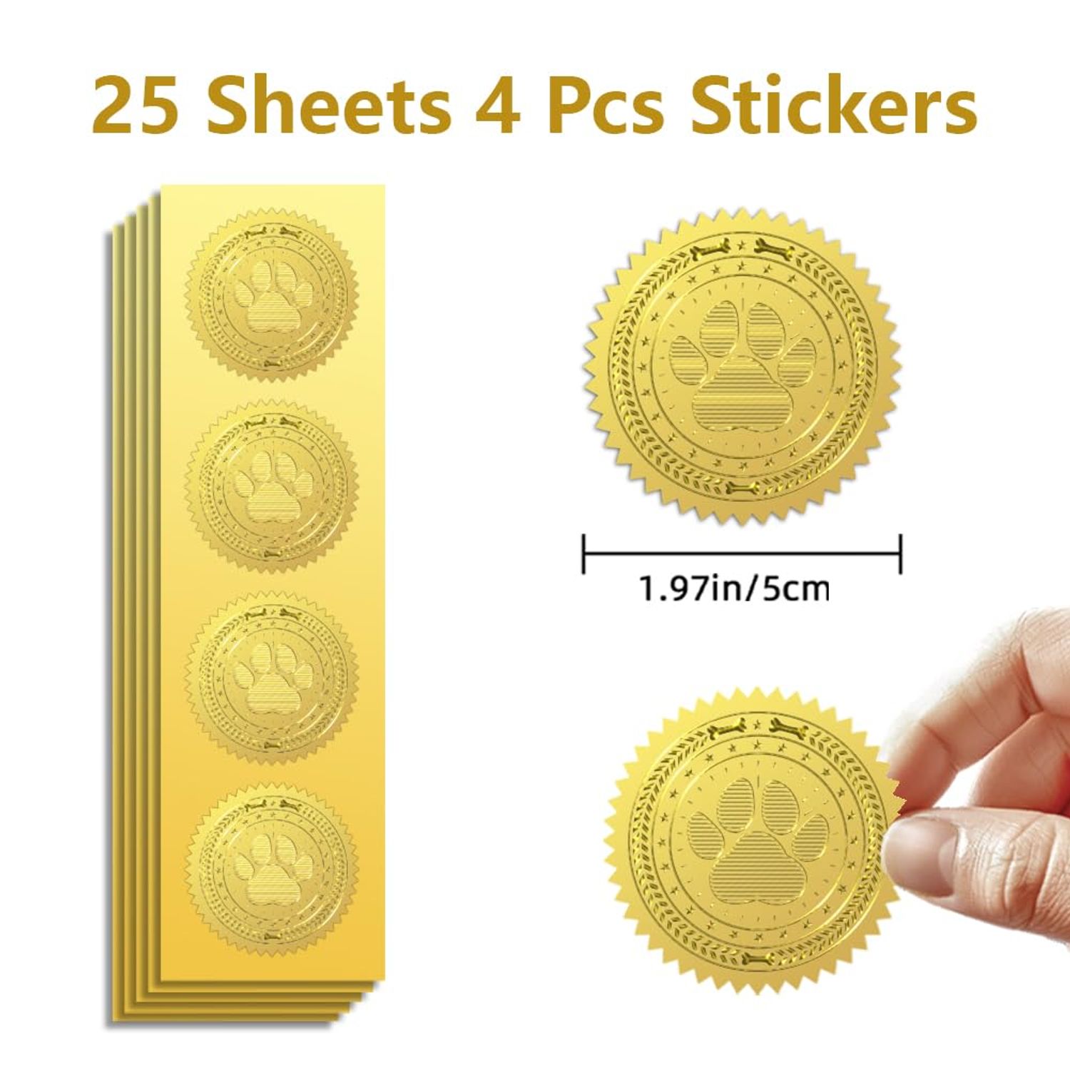 Peacoblue Gold Foil Stickers Seals Embossed Dog Paw 2 Inch 100Pcs, Self Adhesive Gold Around Embossing Stickers for Dog Birthday Gift Decoration, Party Invitation Card, Envelope Seals, Dog Accessories