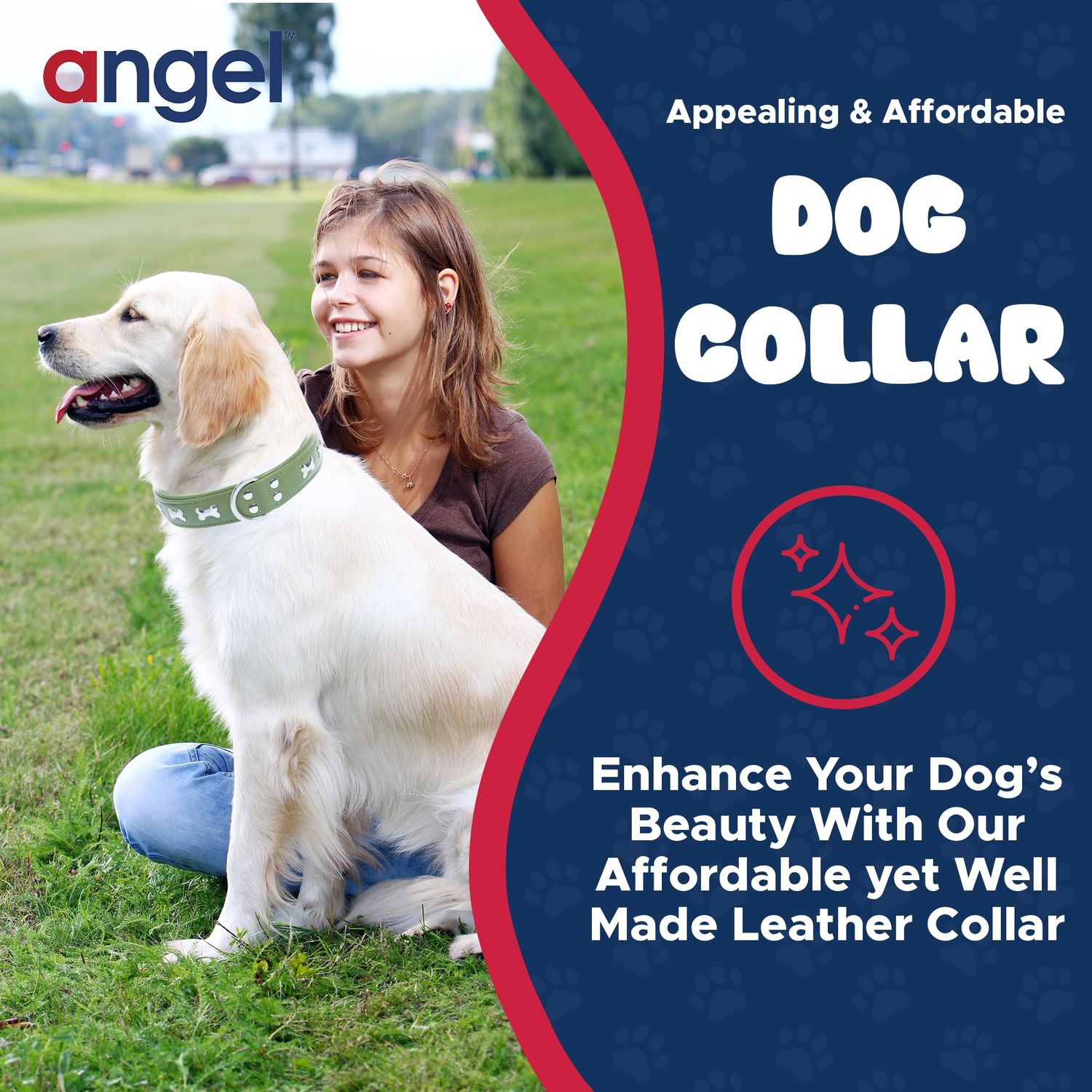 Angel Pet Supplies Inc. Genuine Leather Bones Studded Dog Collar by Angel Pet. Soft and Durable Padded Leather. (14” x 3/4”, Olive Green), Medium, 41274