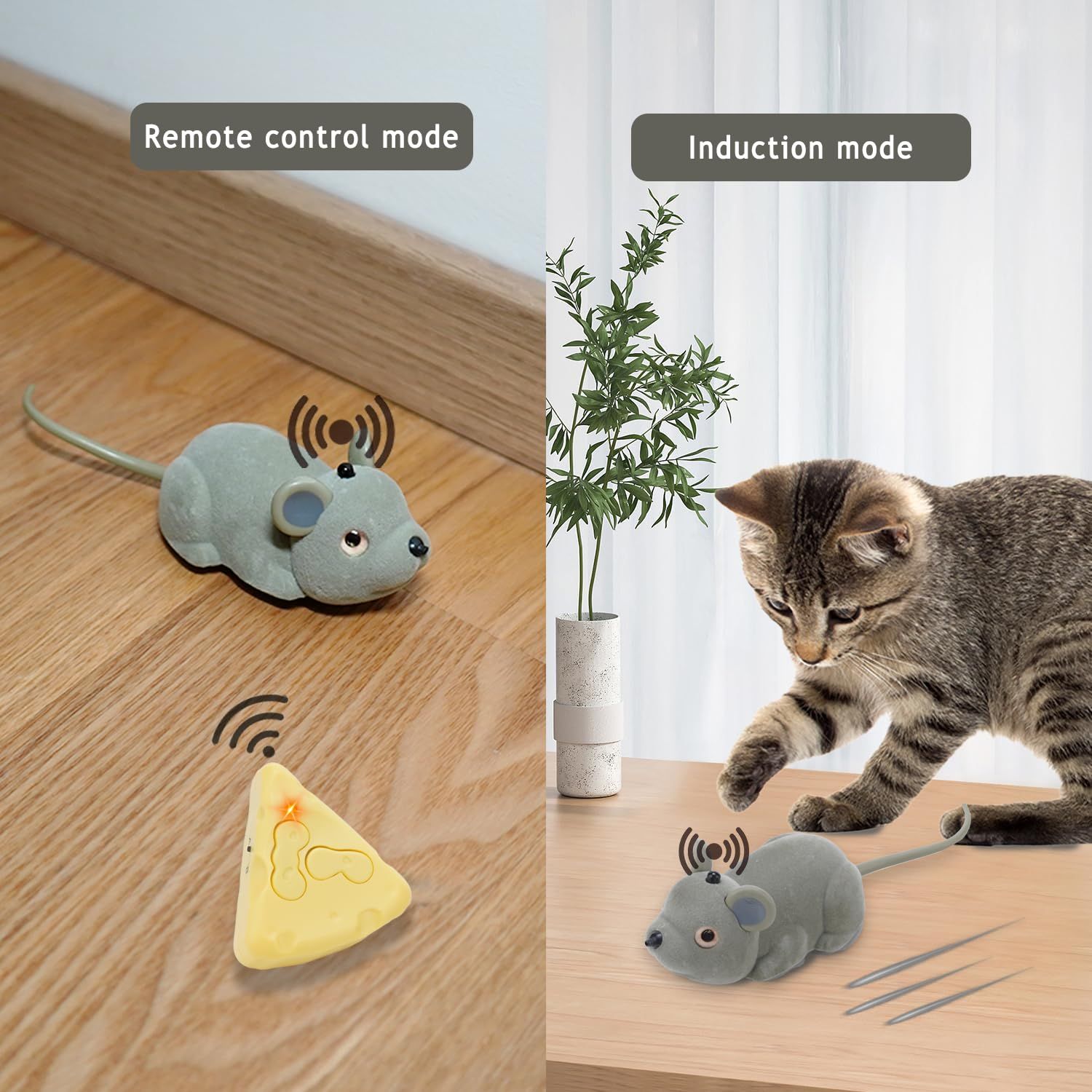 AMCHSURI Interactive Mice Toys for Indoor Cats Remote Control or Smart Sensing Two Mode with Automatically Sense Obstacles and Escape Moving Electric Tricky Mouse Cat Toys, Gray