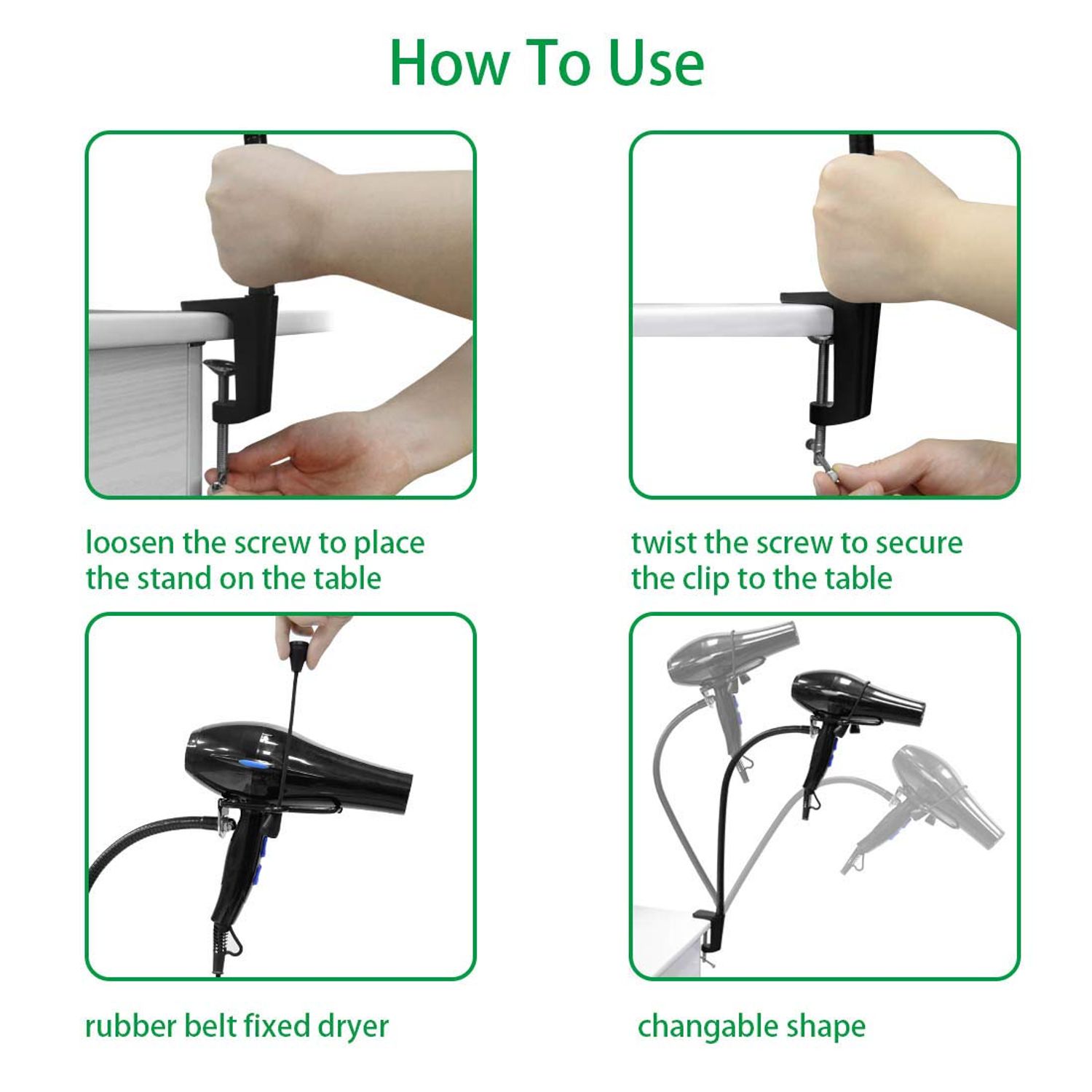 LUEXBOX Hands Free Blow Dryer Holder, Stainless Steel Hair Dryer Stand Clamp Mount for Countertop, Adjustable Hair Dryer Holder for Dog Grooming Table Arm with Clamp (Black)