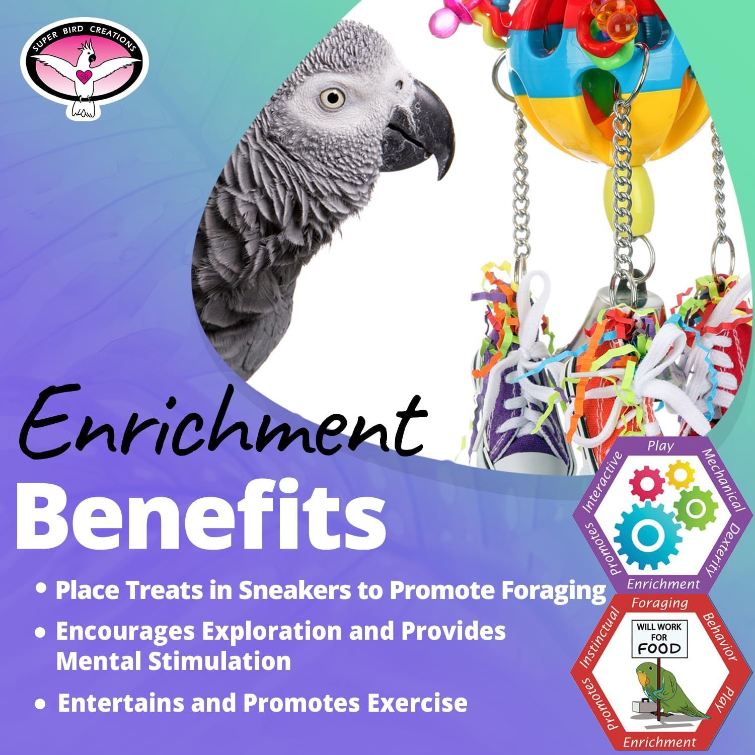 Super Bird Creations SB1105 Kick Ball Bird Toy - Ideal for Parrots, Ringnecks Conures Quakers - Perfect for Chewing, Foraging, and Boredom Relief - Enriching Kick Ball Toy for Medium Bird Size, 12"x4"