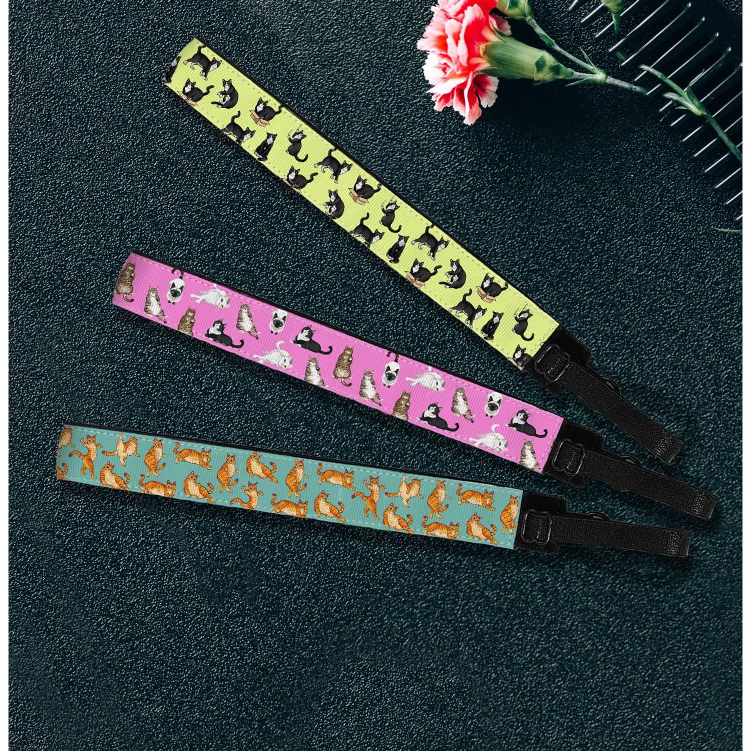 WIRESTER Set of 3 Elastic Fashion Headbands, Adjustable Hair Bands, Cute Non-Slip Hair Accessories for Women Girls - Lazy Cats, Tuxedo Cat, Orange Tabby Cat Funny Playful Postures
