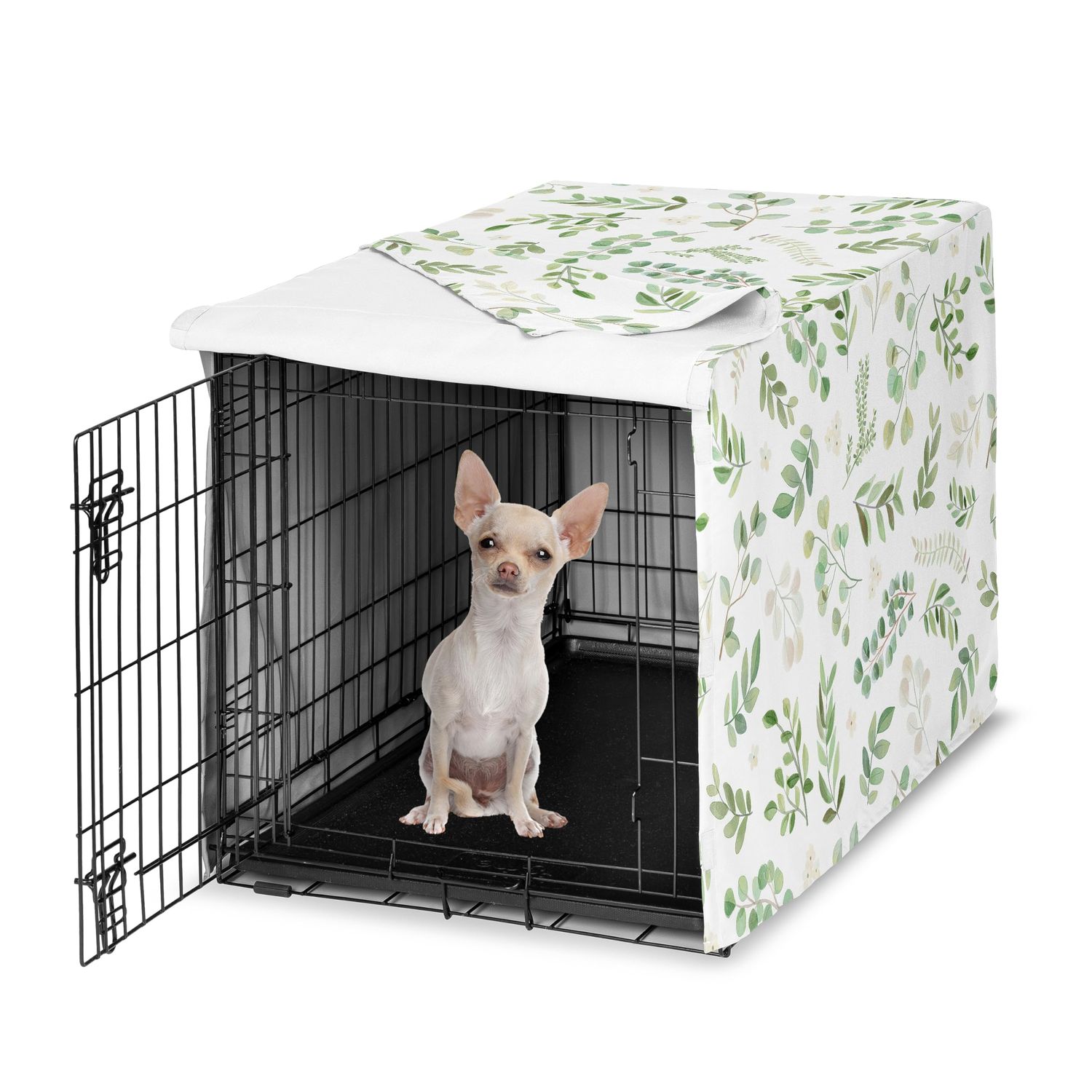 Sweet Jojo Designs Green Boho Floral Leaf Dog Crate Cover – Kennel Covers for 24 Inch Pet Cage Small - Neutral Sage White Bohemian Watercolor Botanical Flower Woodland Tropical Garden Nature