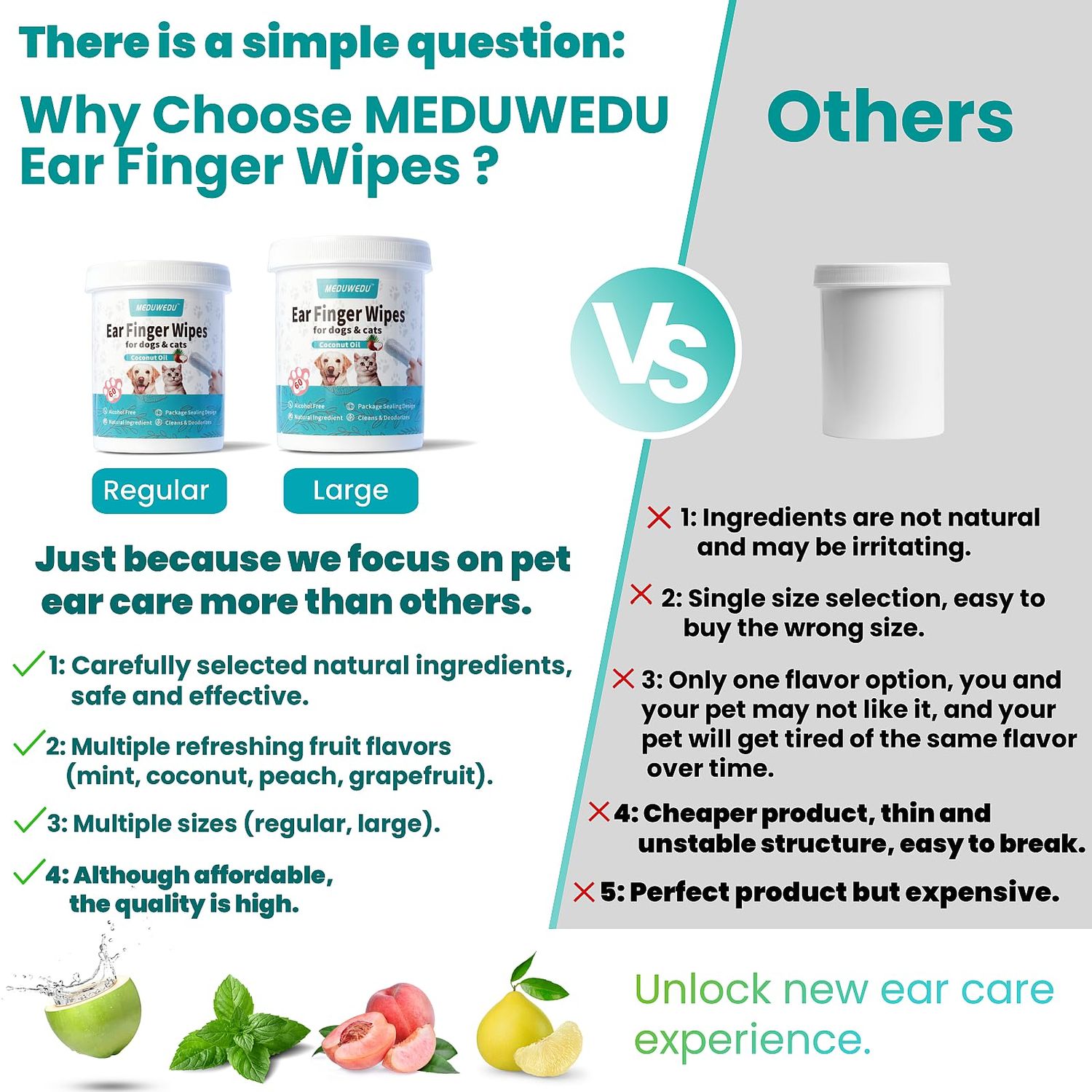 MEDUWEDU Ear Cleaner Finger Wipes 60 Counts, Dog Ear Cleaner, Grooming Kit Care for Dogs and Cats, Soft & Easy Otic Cleaning Pads, Remove Wax, Dirt & Stop Smelly, Itchy, Non-Irritating, Unscented