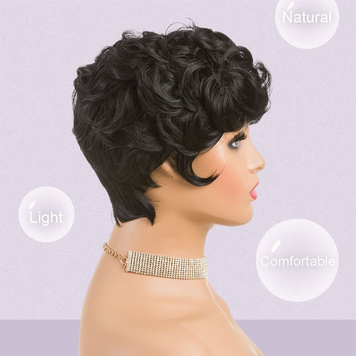 MOONSHOW Short Curly Wigs for Black Women Pixie Cut Wig Black Short Pixie Wigs for Black Women Pixie Cut Curly Wig with Bangs Black Pixie Wigs for Women Synthetic Pixie Wigs for Black Women