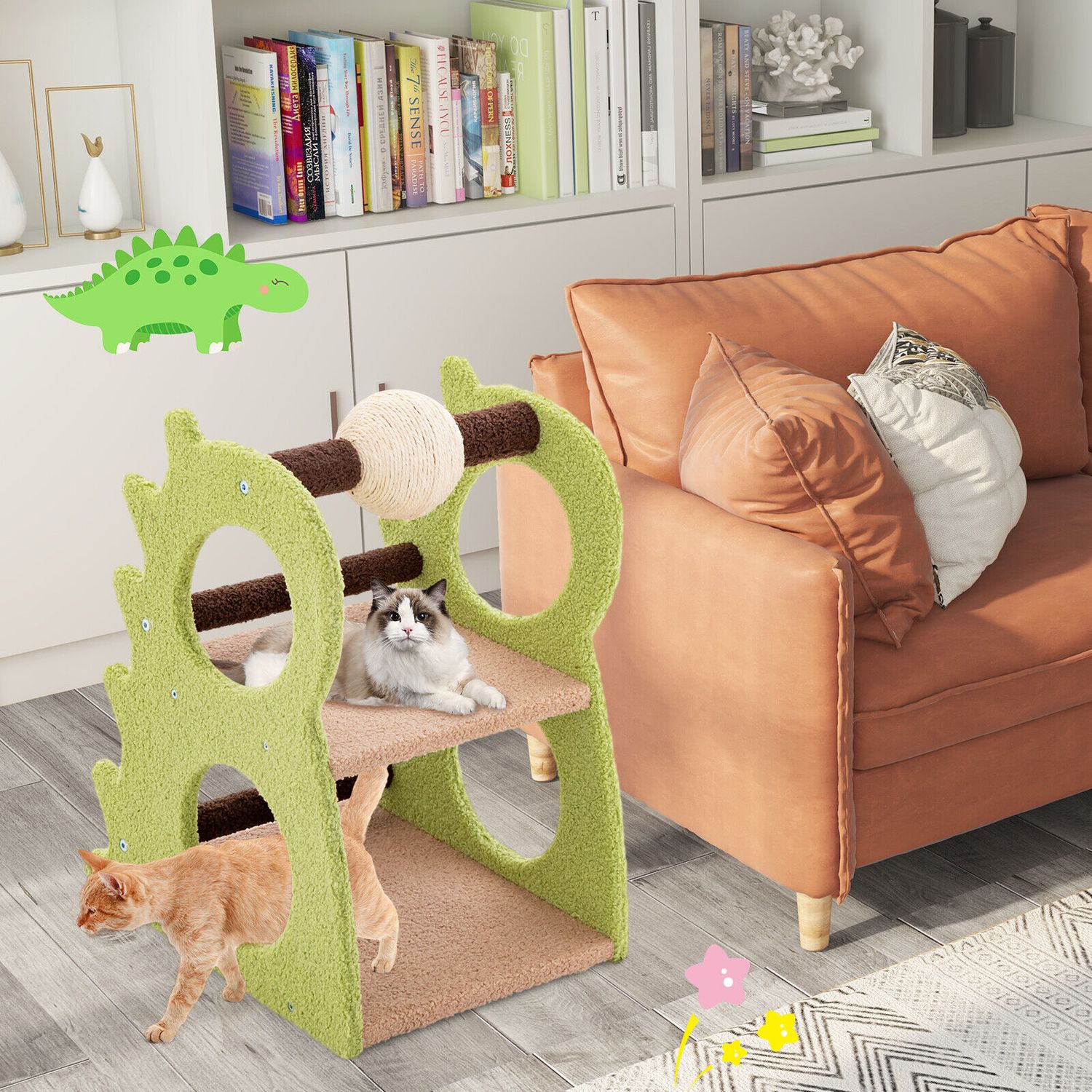 2-Tier Dinosaur Cat Tree Tower w/ Rotating Scratching Sisal Ball Climbing Rods