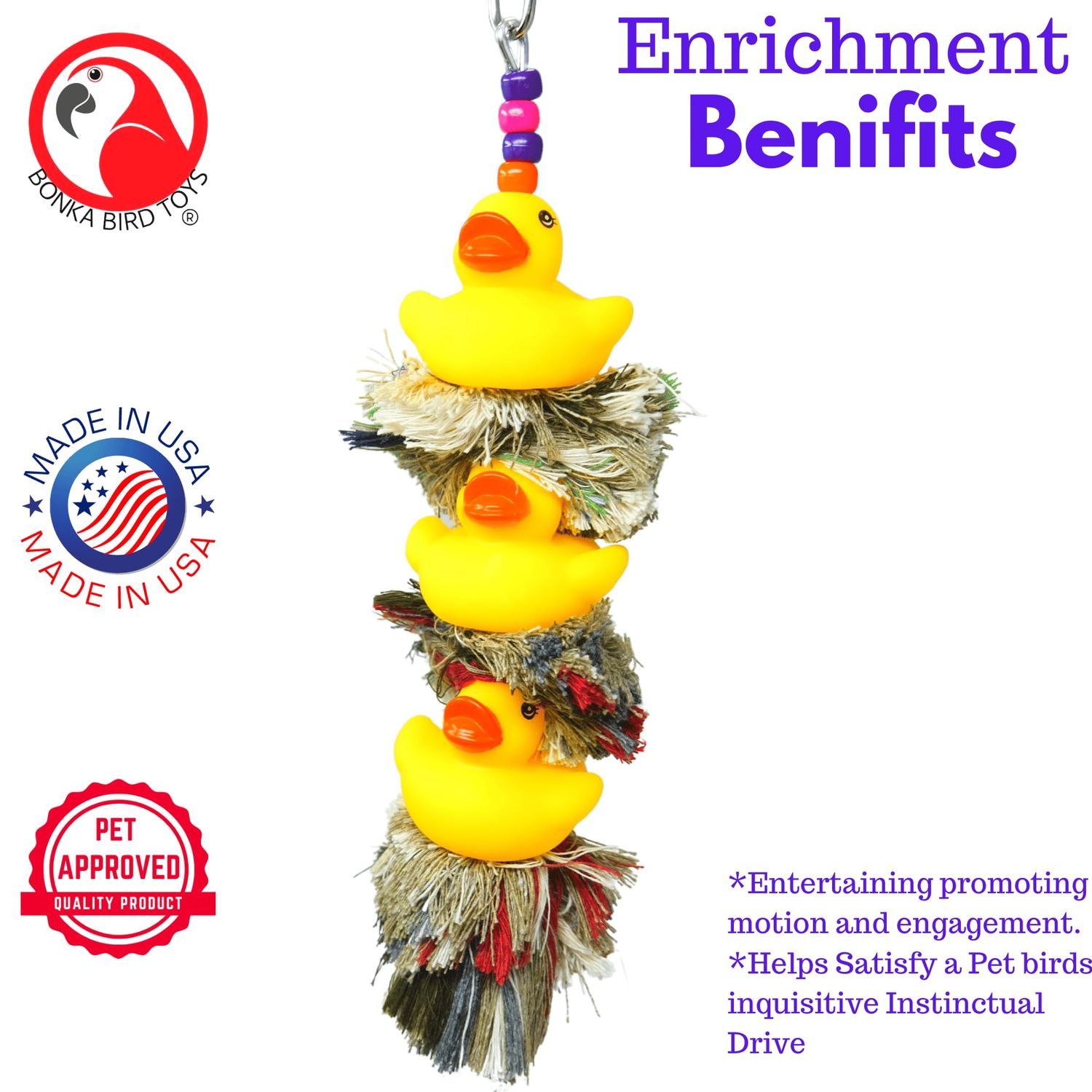 Bonka Bird Toys USA-Made 1124 Triple Ducky Plucker Medium Parrot Preening Cgae Toy, Conure, Quaker, Ringneck, and Similar