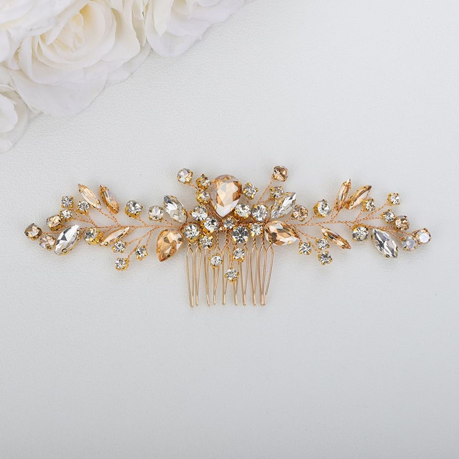Teyglen Bride Crystal Wedding Hair Comb Champagne Rhinestone Bridal Side Comb Wedding Hair Accessories Teardrop Crystal Hair Piece Headpiece for Women Bride Girls (Champagne)
