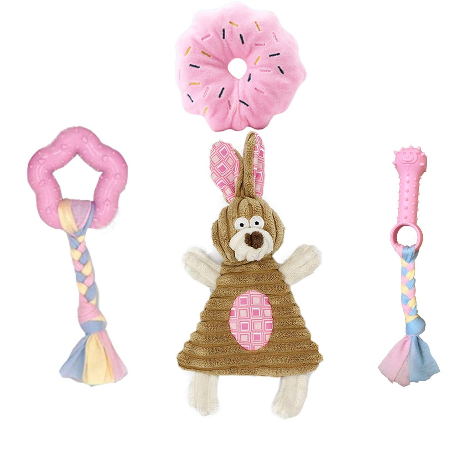 AoLaCo Puppy Toys for Teething Puppies, Puppy chew Toys for Small Dogs, Plush Squeaky Bunny Dog Toys for Puppies, Small Puppy,Pink, 4pcs
