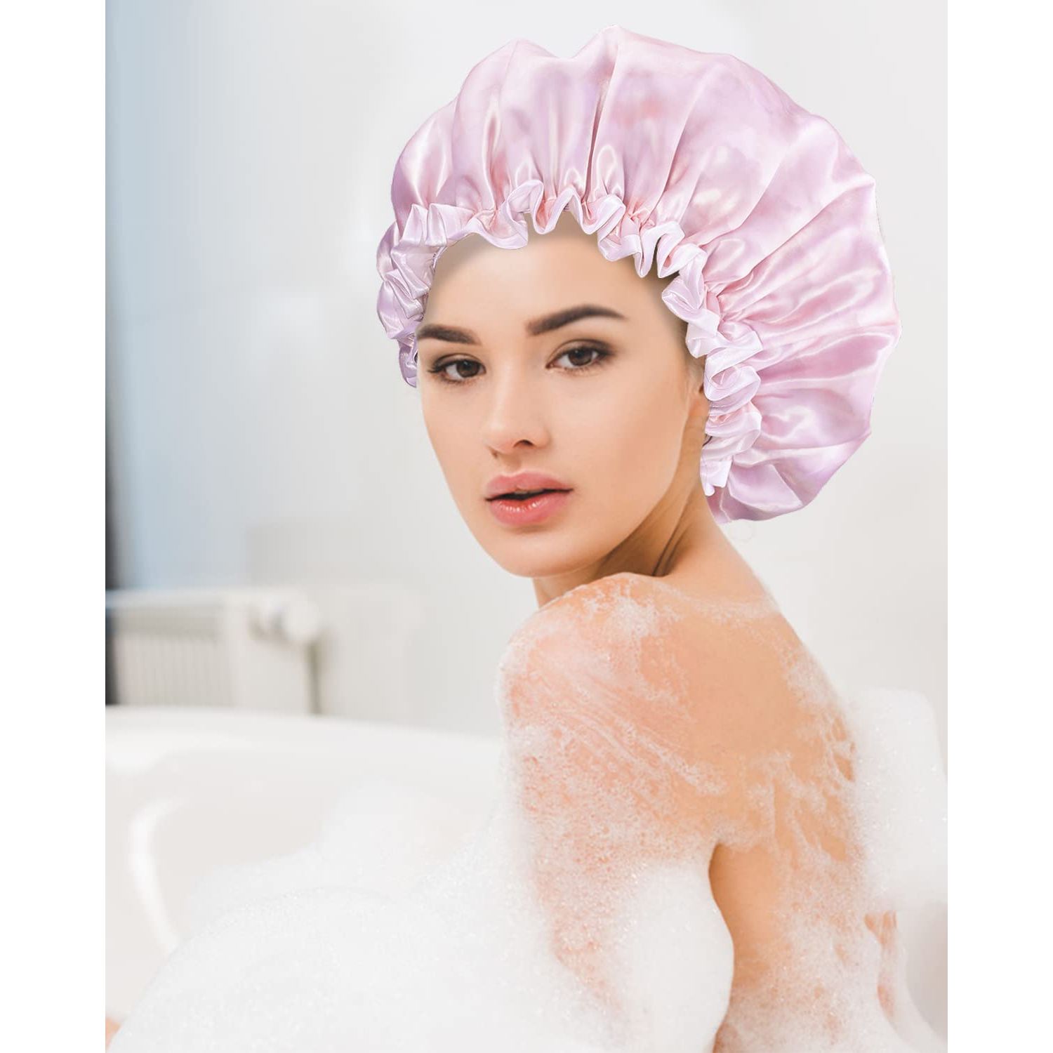 Aquior Shower Caps, Reusable Shower Cap for Women, Double Layer Waterproof Hair Cap, Large Size for All Hair Lengths,for Girls Spa Home Salon Use (Pink Cloud)