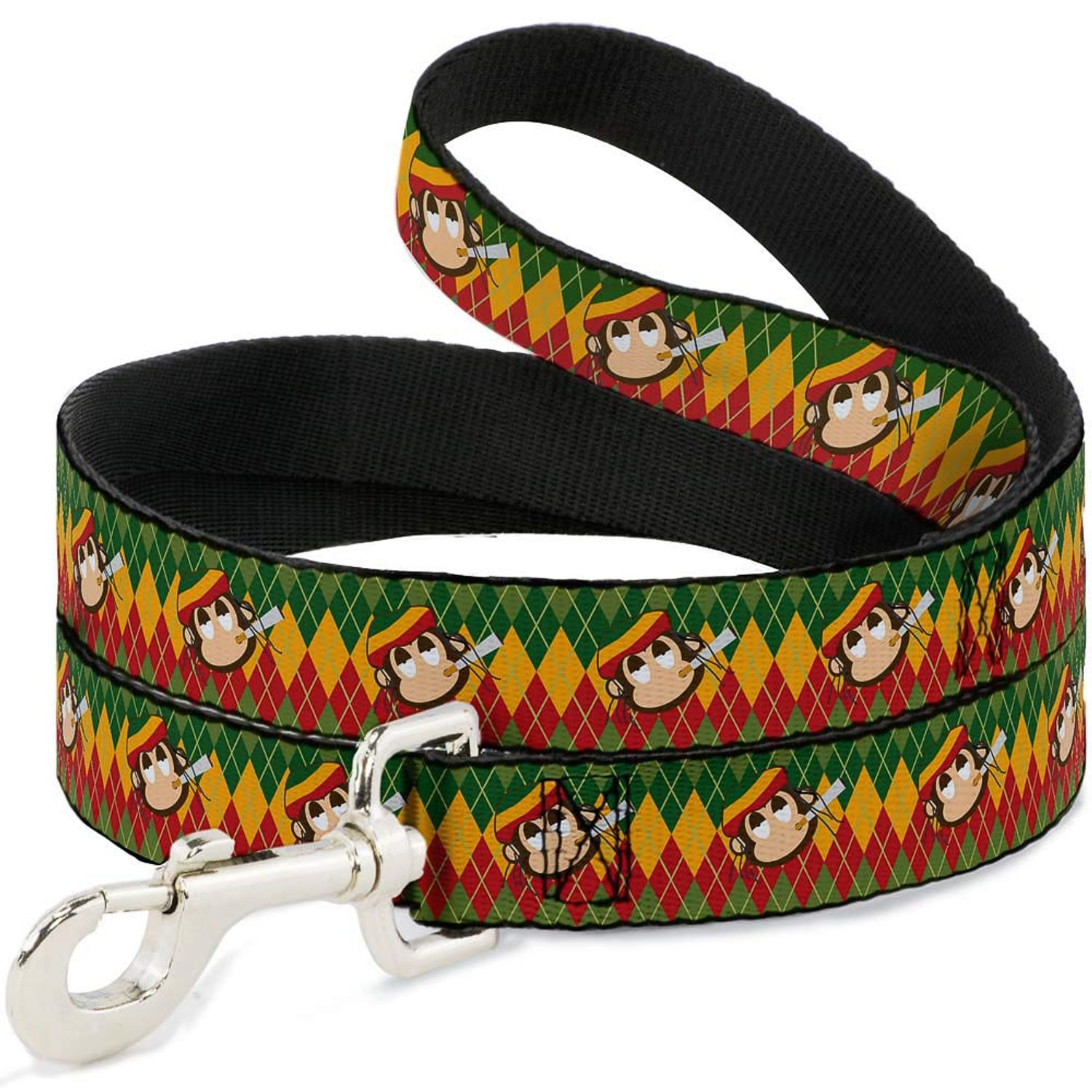Buckle-Down Pet Leash - Smoking Monkey Repeat Argyle Rasta - 4 Feet Long - 1" Wide