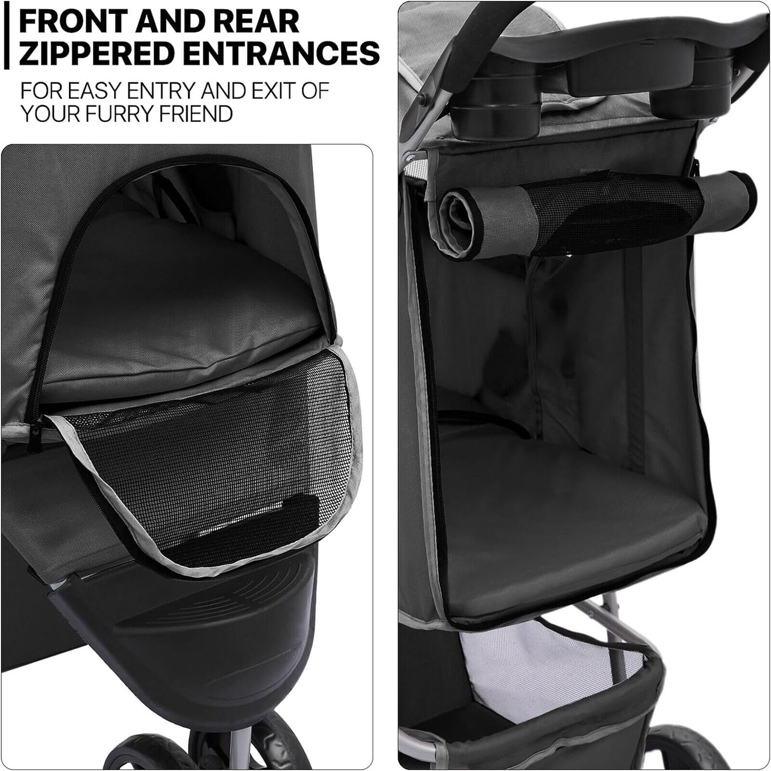3 Wheels Foldable Pet Strollers Portable Travel Carrier with Cup Holder Black