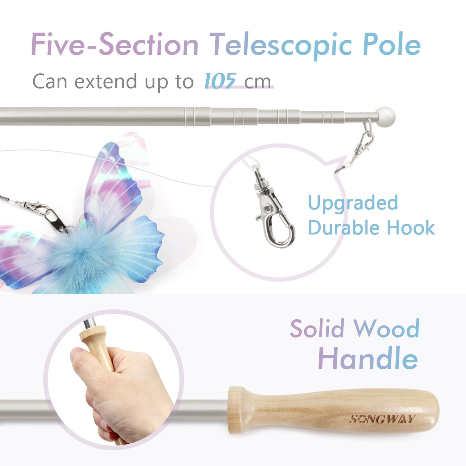 SONGWAY Cat Butterfly Toys Wand - 7 Pieces Cat Toy Set, Retractable Cat Wand with 6 Butterfly Cat Toys Replacement with Bells, Interactive Cat Toys for Indoor Cats Kittens
