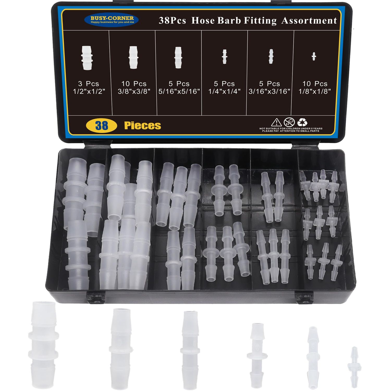 38Pcs Hose Barb Fittings Kit, Pipe Connector Joint Splicer Mender Adapter Union for Aquarium Adapter Gas Liquid Air, for Hose ID 1"x1", 3/8"x3/8", 5/16"x5/16", 1/4"x1/4", 3/16"x3/16", 1/8"x1/8"