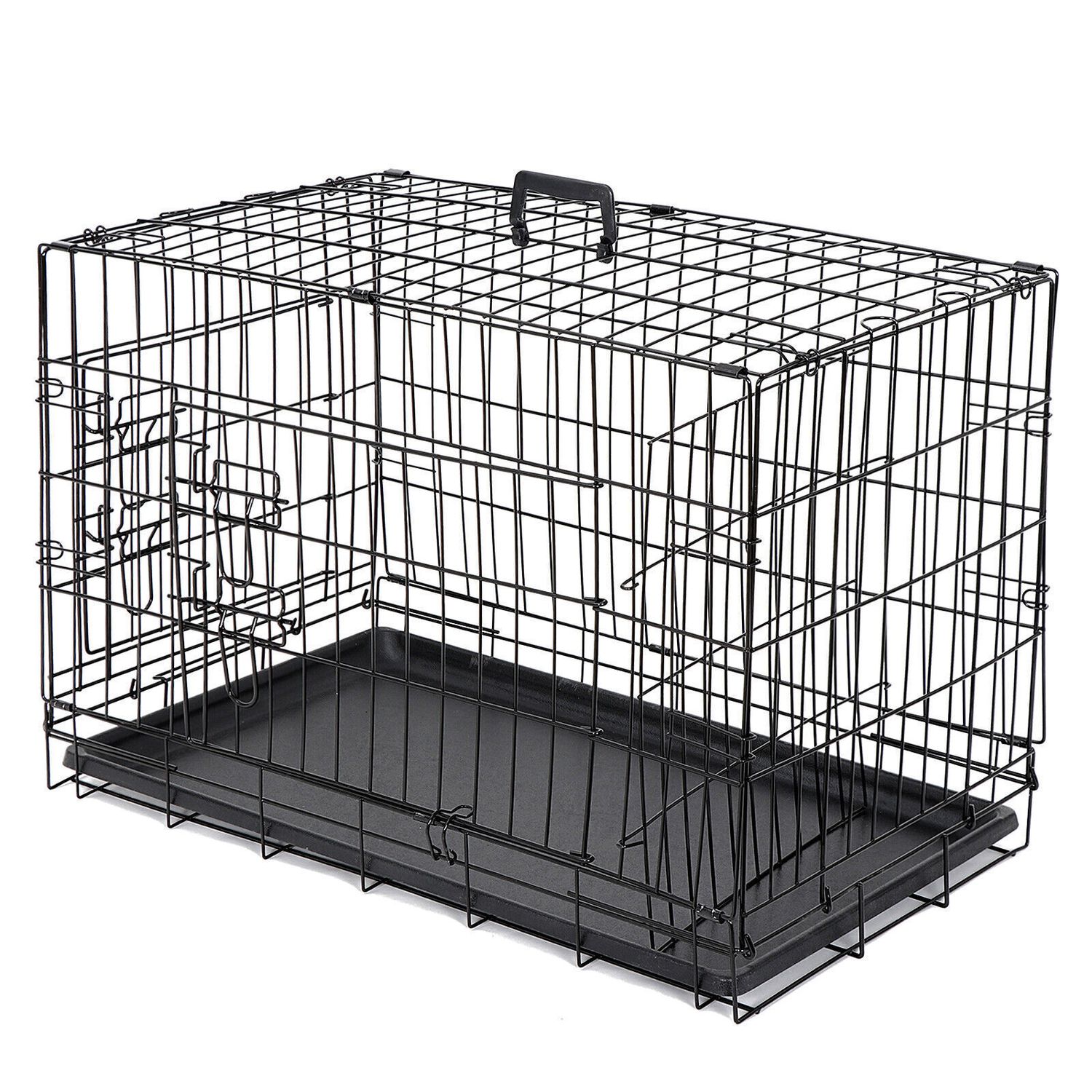 30" Durable Dog Crate Kennel 2 Door Folding Metal Pet Cat Cage with Tray Black