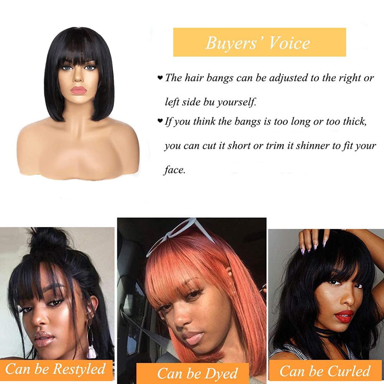 SQPLXK Short Bob Human Hair Wigs with Bangs None Lace Front Wigs Brazlian Straight Hair Machine Made Bob Wig for Black Women Natural color (8 Inch)
