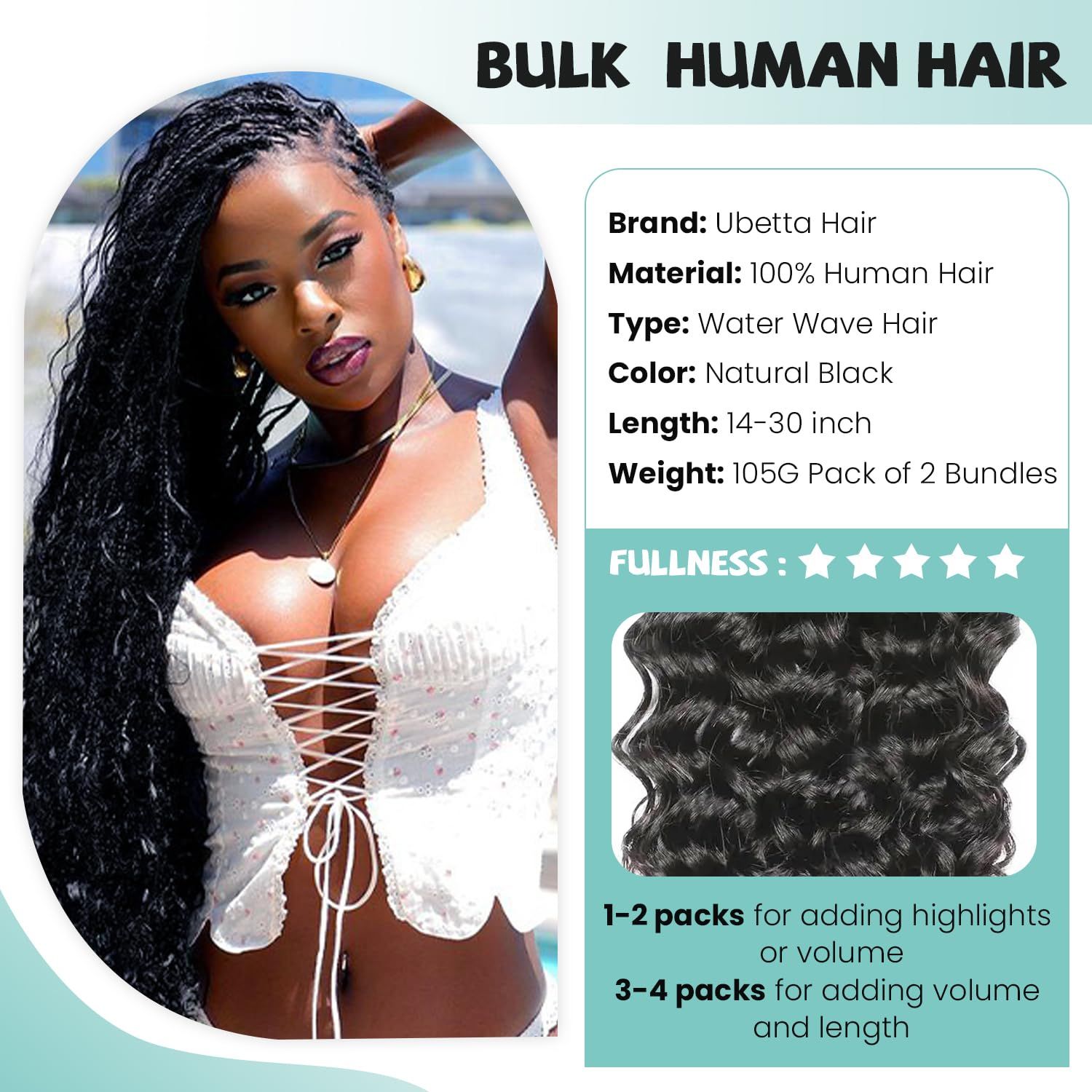 Human Braiding Hair 2 Bundles 100G 16 Inch Deep Water Wave Bulk Human Hair for Braiding No Weft 12A Brazilian Virgin Curly Human Hair Extensions for Boho Braids Wet and Wavy Human Hair Braiding Hair