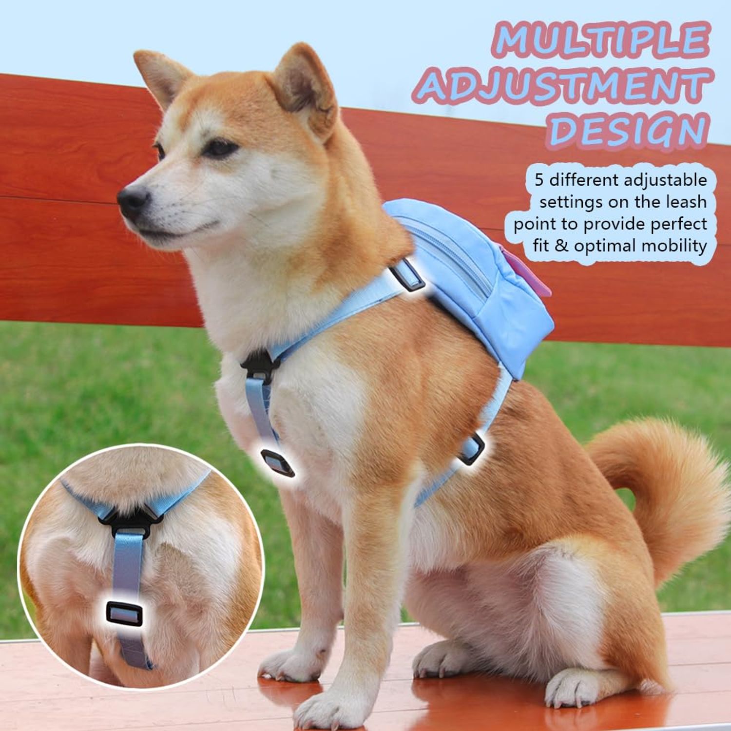 DoggieKit Dog Backpack Harness with Leash,Cute Pet Puppy Backpacks Bulid-in Dog Poop Bag Dispenser,Adjustable Pets Self Carrier Bag for Small Medium Dogs Travel Hiking Daily Walking (M, Blue)