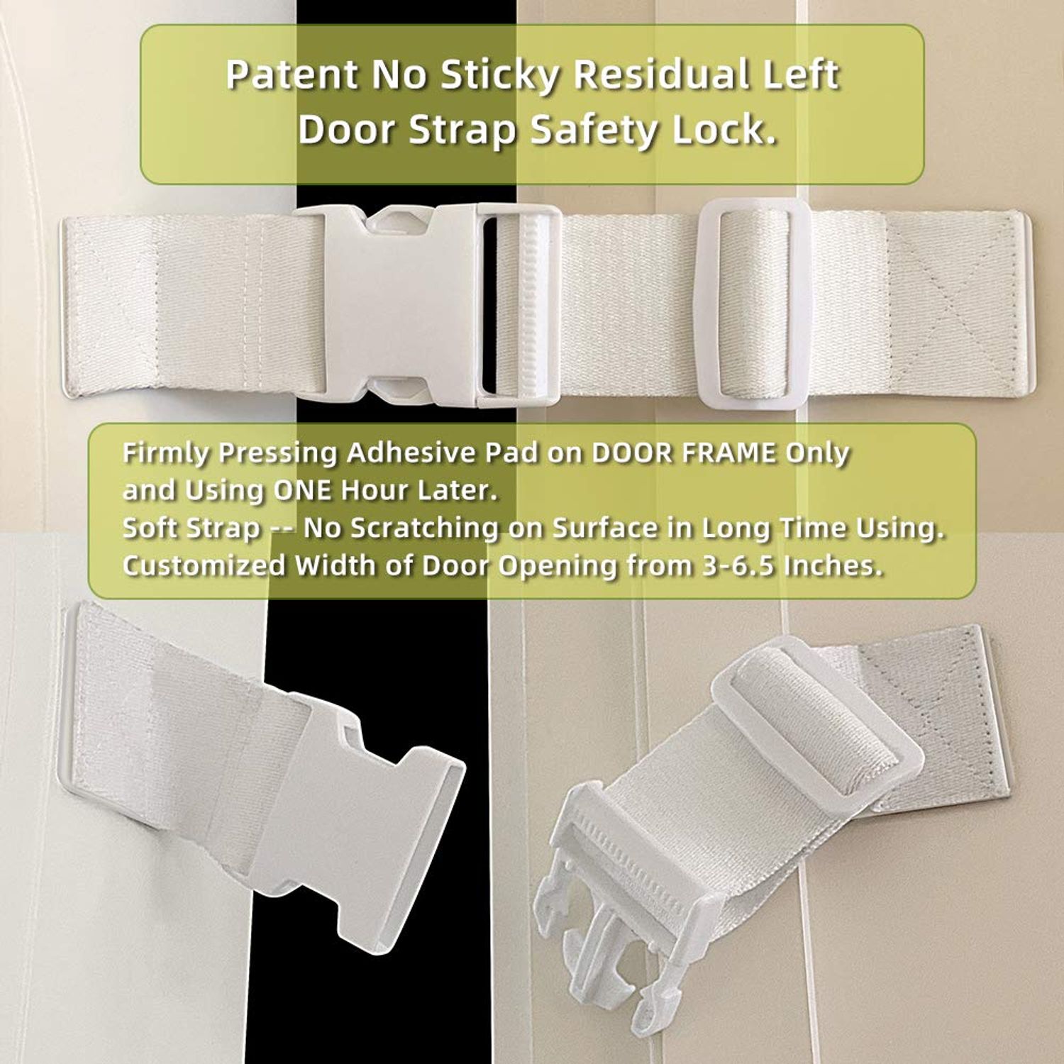 Child Proof Door Lock Latch with Adjustable Strap for Cat Litter Box Room, Cats Enter Easily But No Kids (2 Packs) Reusable Baby Safety Lock, Install in Seconds On Door Frame Only (White)