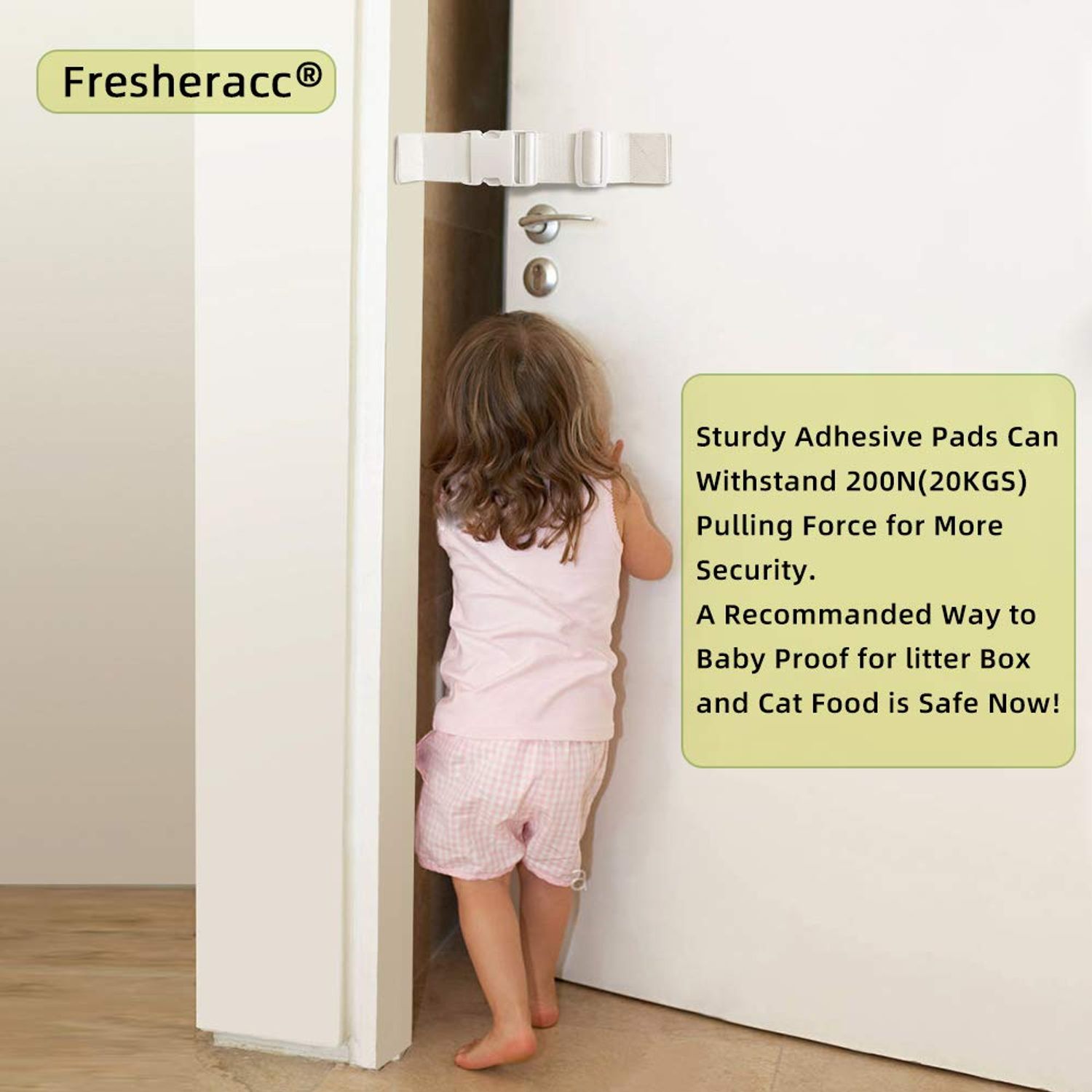 Child Proof Door Lock Latch with Adjustable Strap for Cat Litter Box Room, Cats Enter Easily But No Kids (2 Packs) Reusable Baby Safety Lock, Install in Seconds On Door Frame Only (White)