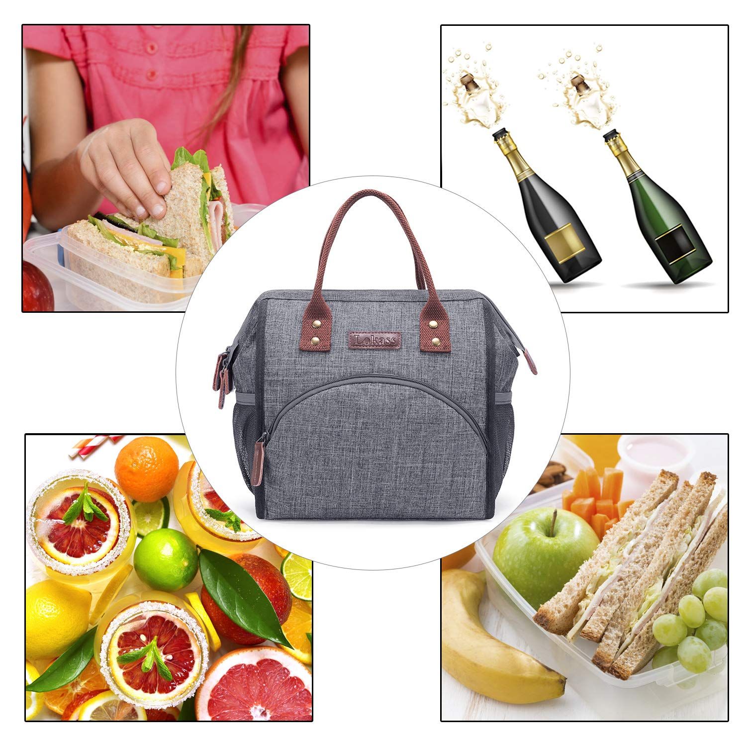 LOKASS Insulated Lunch Bag Wide Open Tote w Drink Holder