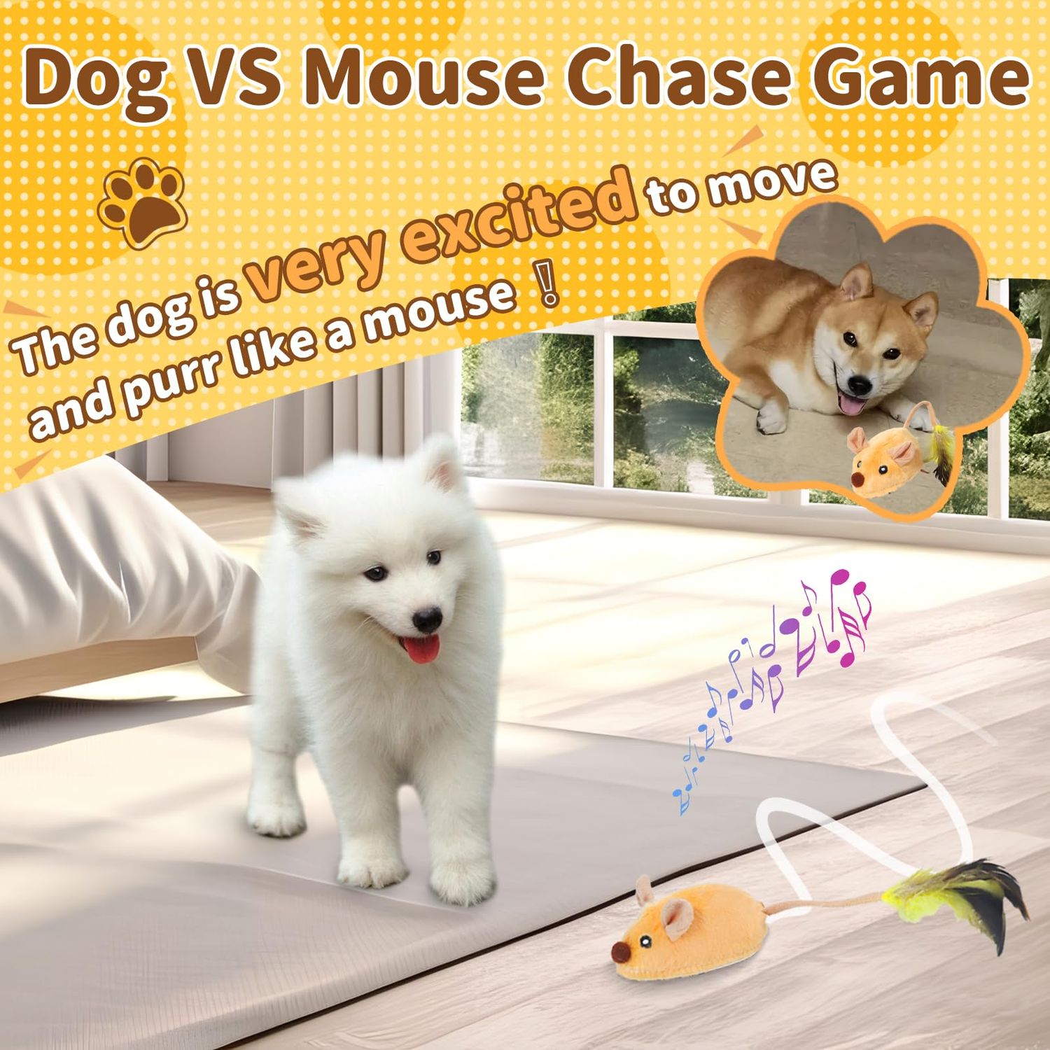 Interactive Dog Toys Mouse - with LED Lights, Moving Automatic Chirping Mouse Toy Squeaky with Feather Tail, for All Breeds Dog Indoor/Outdoor Boredom Exercise, USB Rechargeable (【2Pack】 Yellow×Grey)