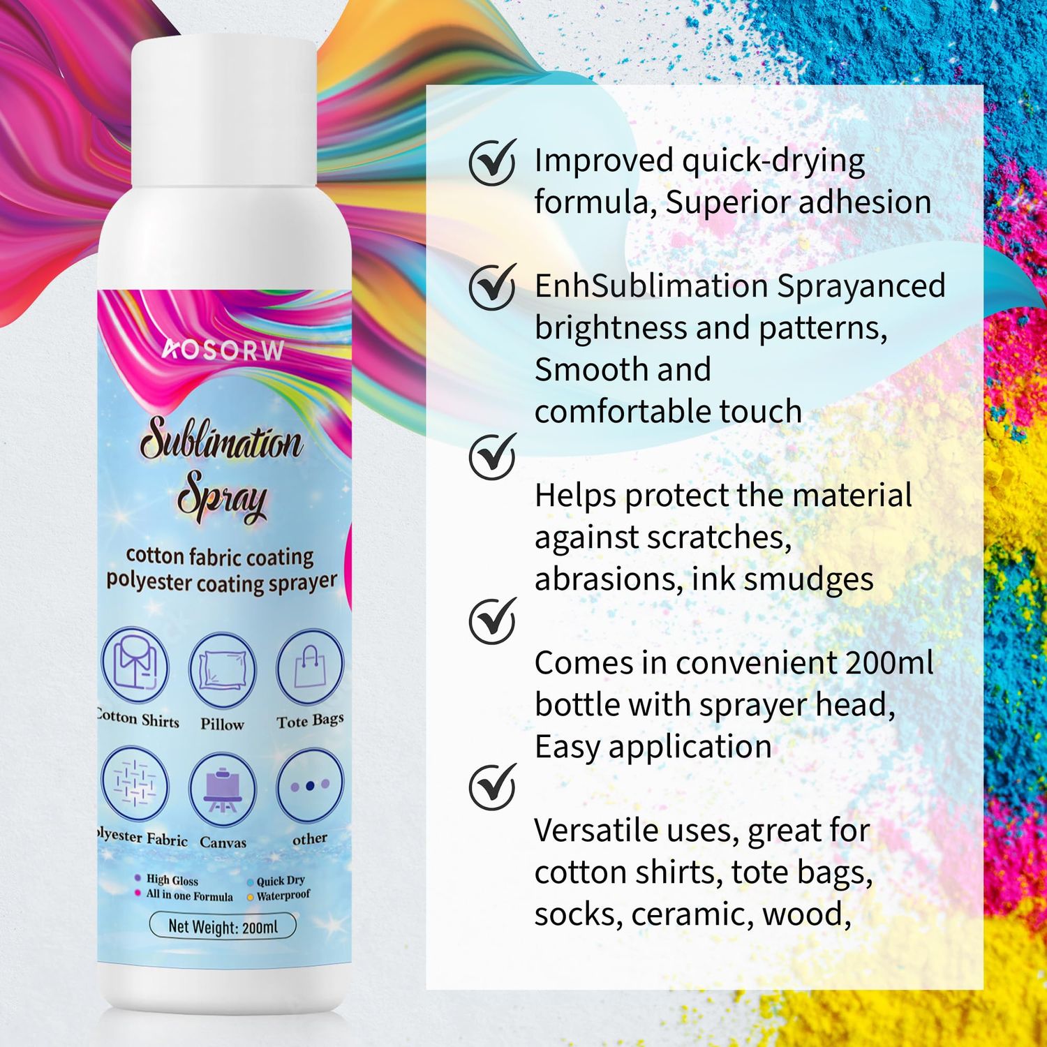AOSORW Sublimation Spray for Cotton Shirts: Sublimation Coating Supplies for T-Shirts Canvas Polyester (6.76 oz / 200 mL)