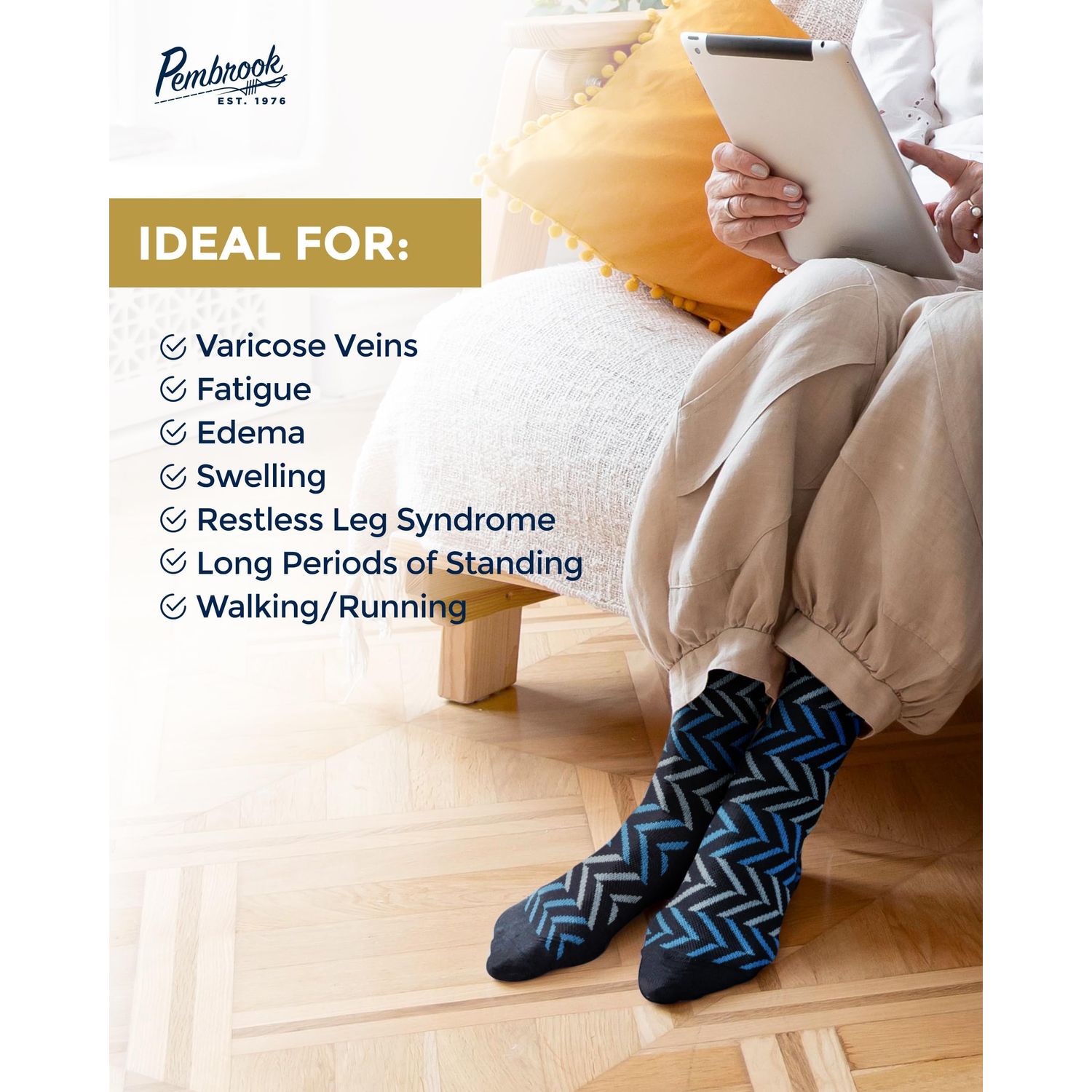 Pembrook Light Socks - 6 Pairs for Women; Argyle, Striped Cotton Socks - 8-15 mmHg Compression