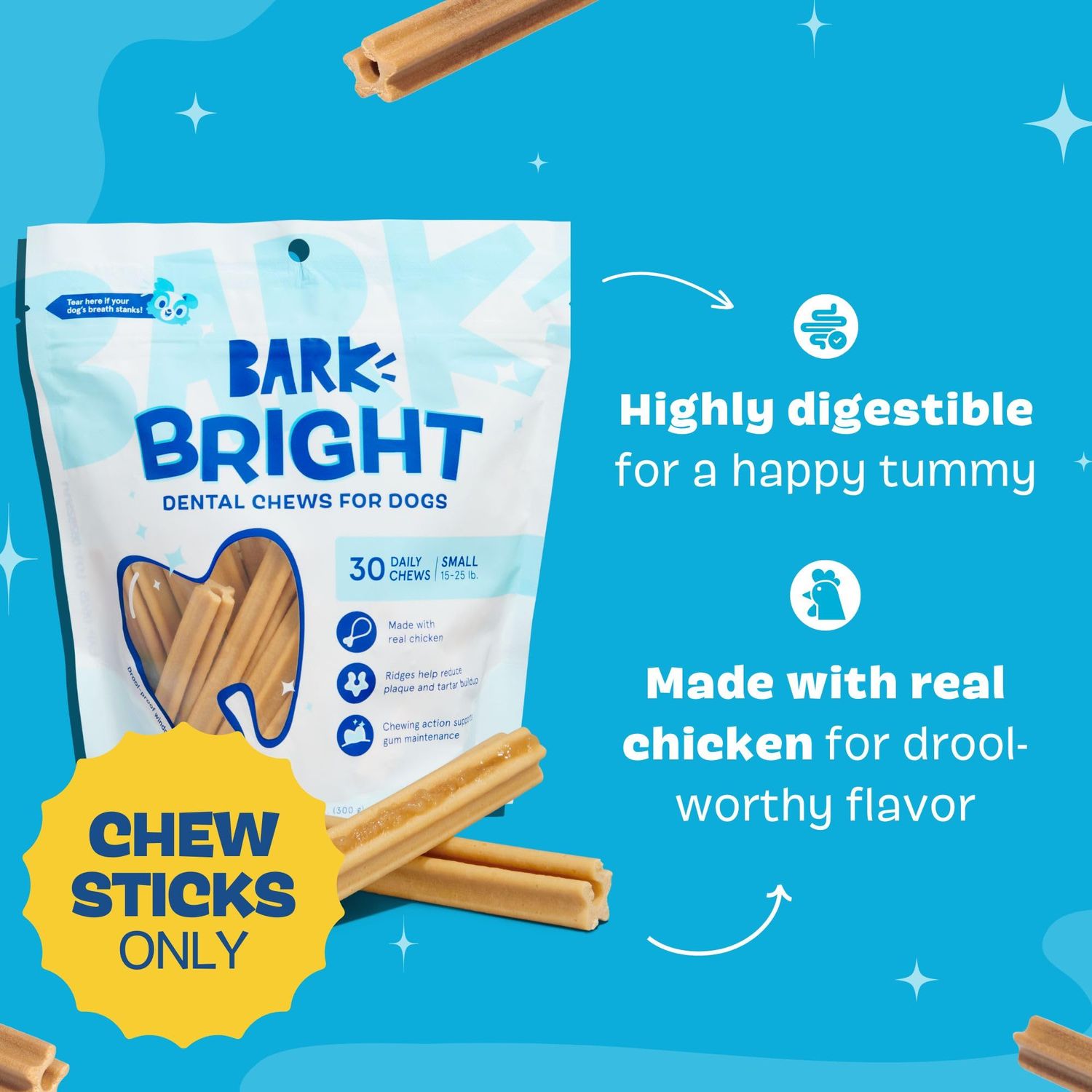 Barkbox Bright Original Dog Dental Chew Sticks, Plaque and Tartar Cleaning - Small Breeds (30 Chews)