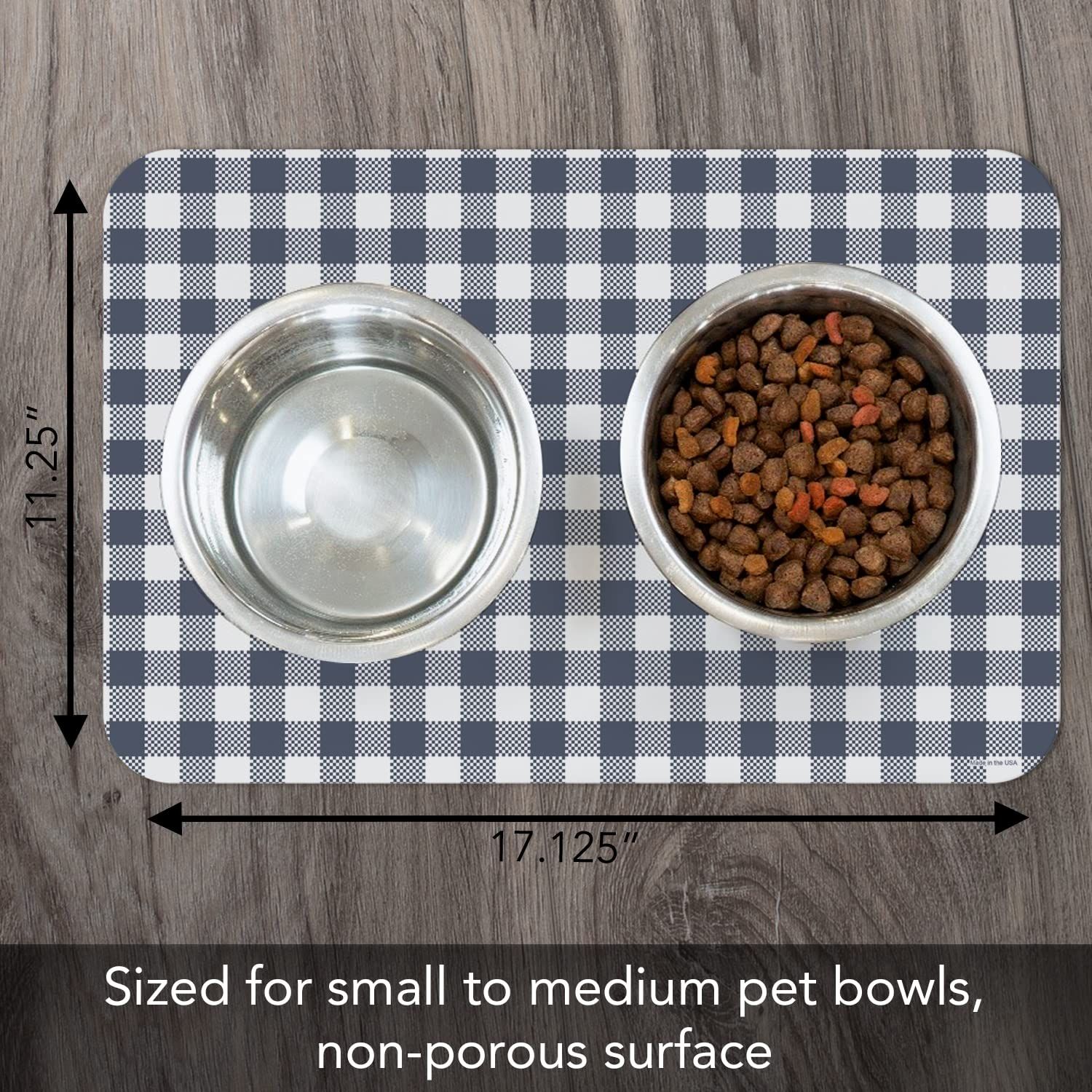 CounterArt Checkered Easy Care Waterproof Pet Placemat 17.13” x 11.25” Made in The USA of BPA Free Plastic, Safe for Pets, Protects Floors from Cat & Dog Bowls