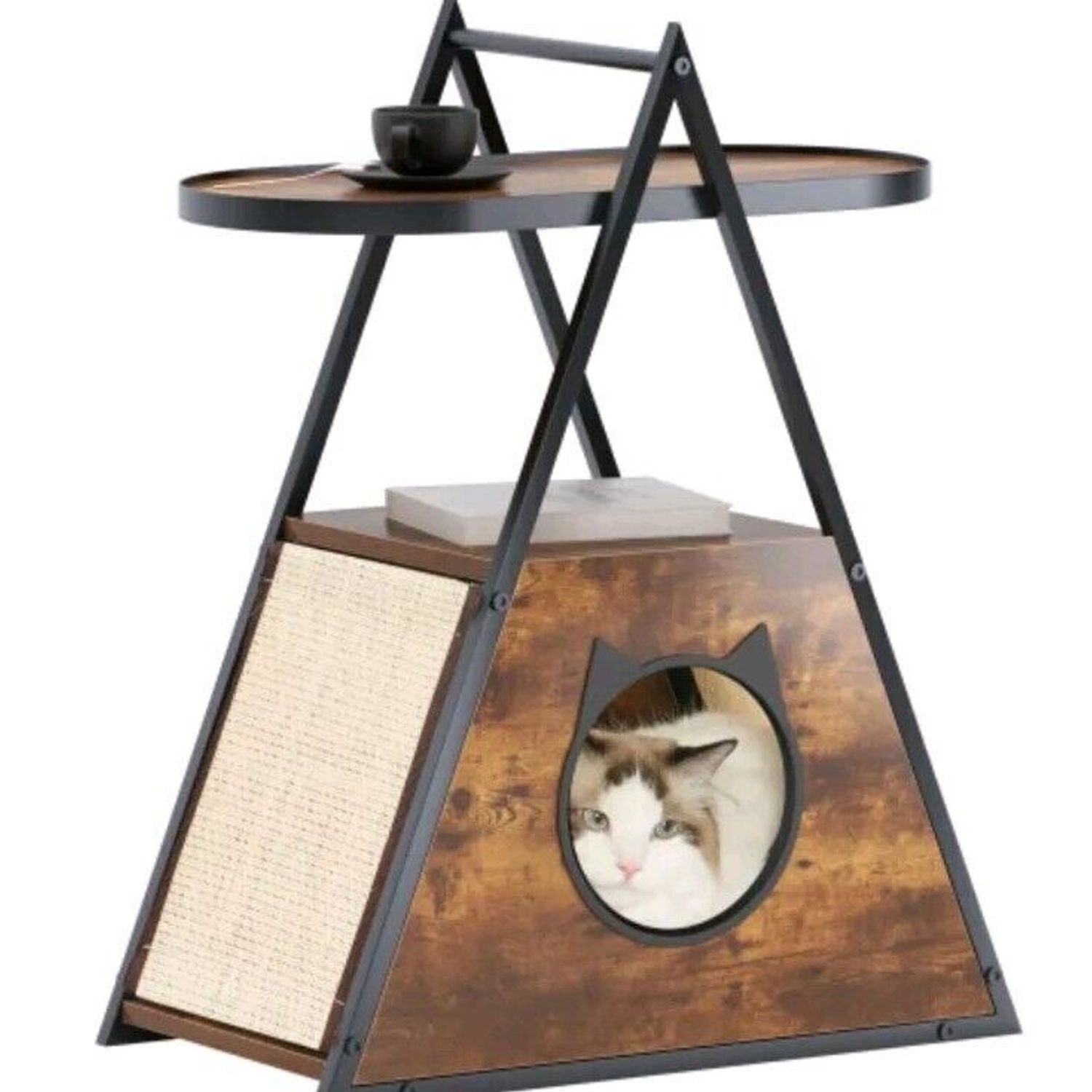 Cat House End Table Wood Cat Condo Black Vintage Pet Furniture Scratching  Board