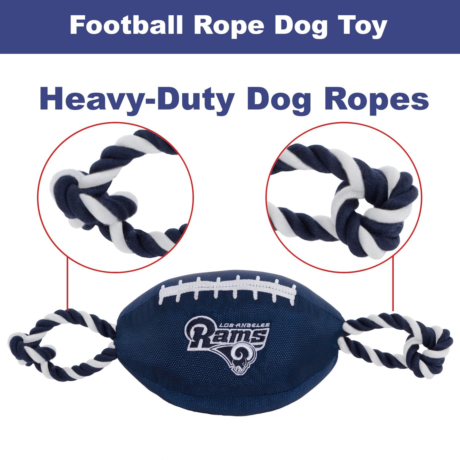 Pets First NFL Los Angeles Rams Football Dog Toy, Tough Quality Nylon Materials, Strong Pull Ropes, Inner Squeaker, NFL Team Color