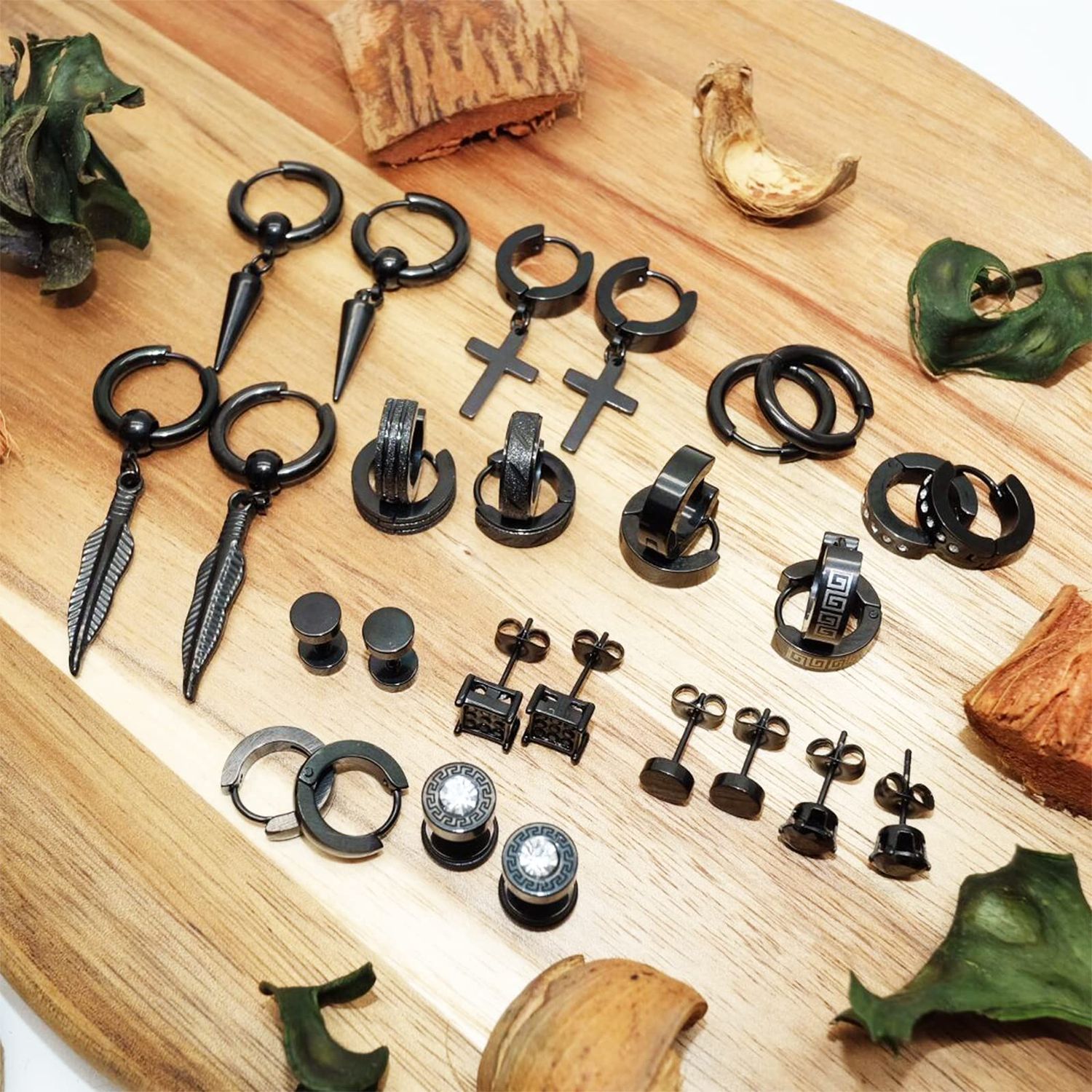 KWUNCCI Earrings for Men, 15 Pairs Men Earrings Hoop, Surgical Stainless Steel Earrings, Black Earrings for Men, Cross Dangle Hoop Earrings Set Fashion Piercing Jewelry