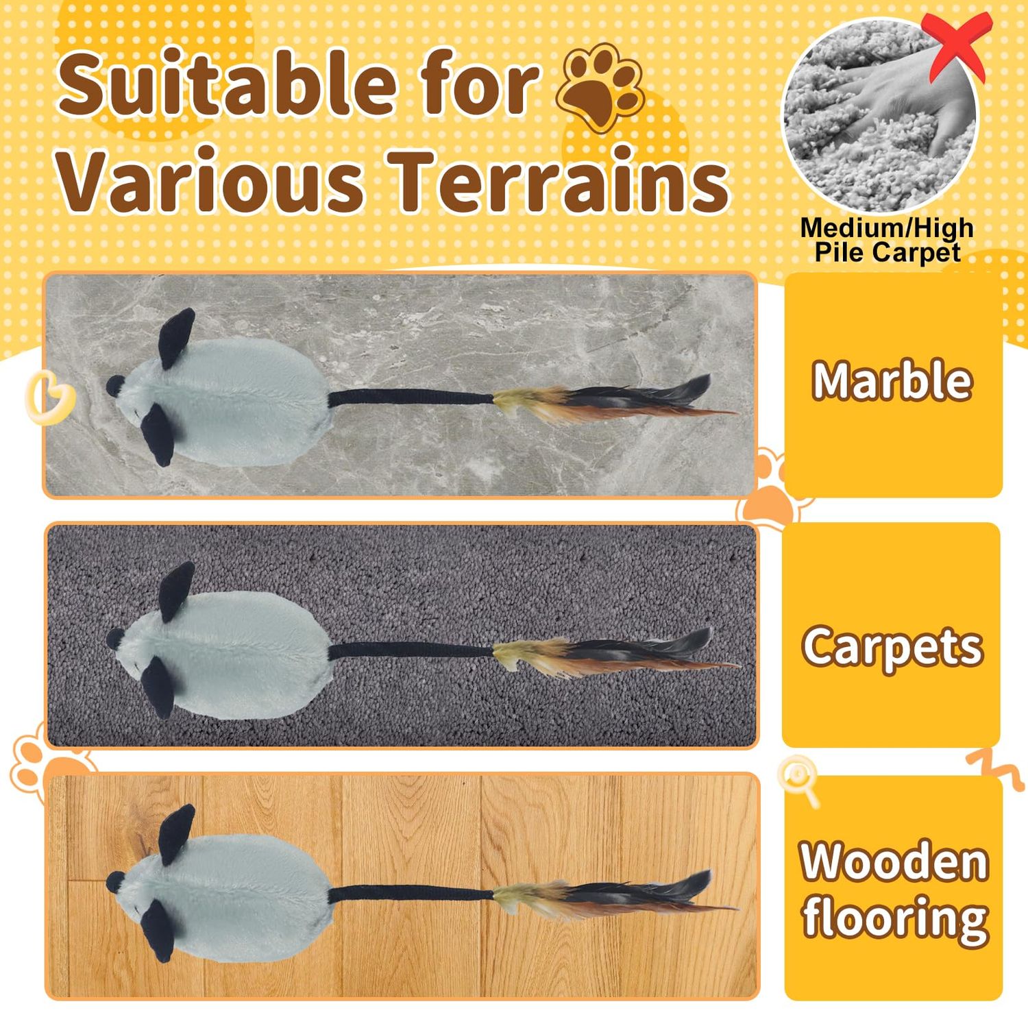 Interactive Dog Toys Mouse - with LED Lights, Moving Automatic Chirping Mouse Toy Squeaky with Feather Tail, for All Breeds Dog Indoor/Outdoor Boredom Exercise, USB Rechargeable (【2Pack】 Yellow×Grey)