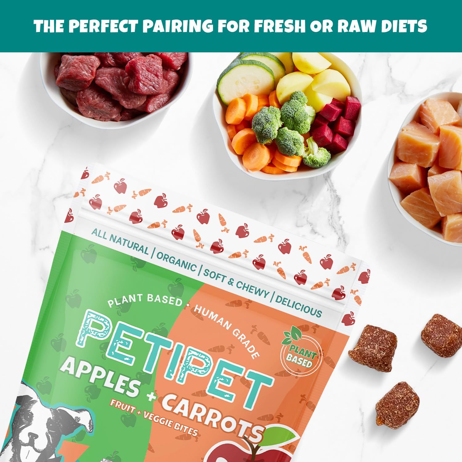 PETIPET Apples+Carrots Plant-Based Fruit Dog Treats - Carrot and Apple Soft & Chewy Treats - Healthy Vegetarian, Vegan Dog Treats with Organic Ingredients - Low-Protein, Hypoallergenic, Gluten-Free