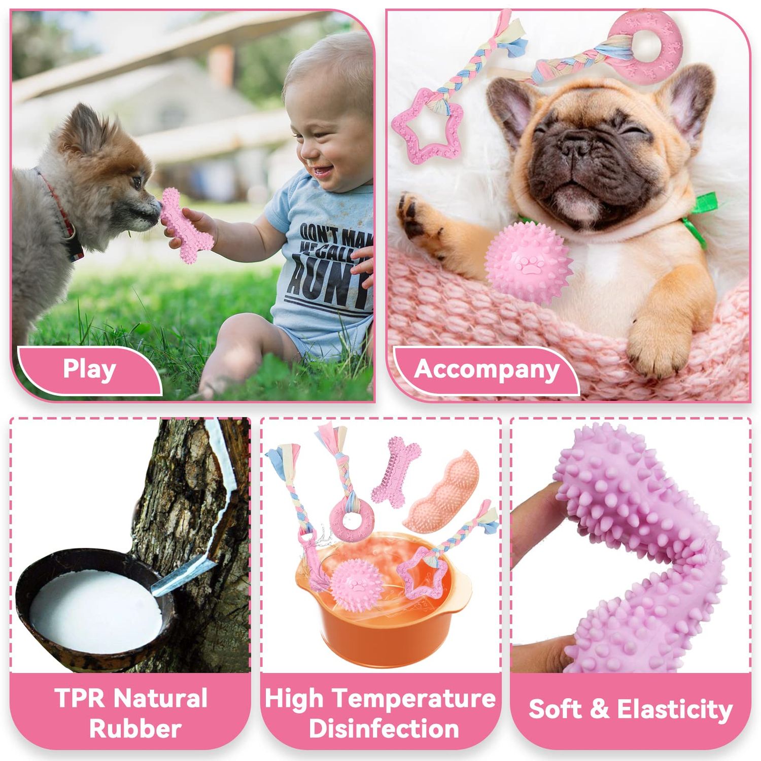 Petcare 6 Pack Puppy Chew Toys for Teething Cute Pink Puppy Toys Small Dog Toys Soft Rubber Rope Dog Toys Funny Bone Ball Cleaning Teeth Dog Chew Toys Puppy Teething Toys for Puppies Yorkie