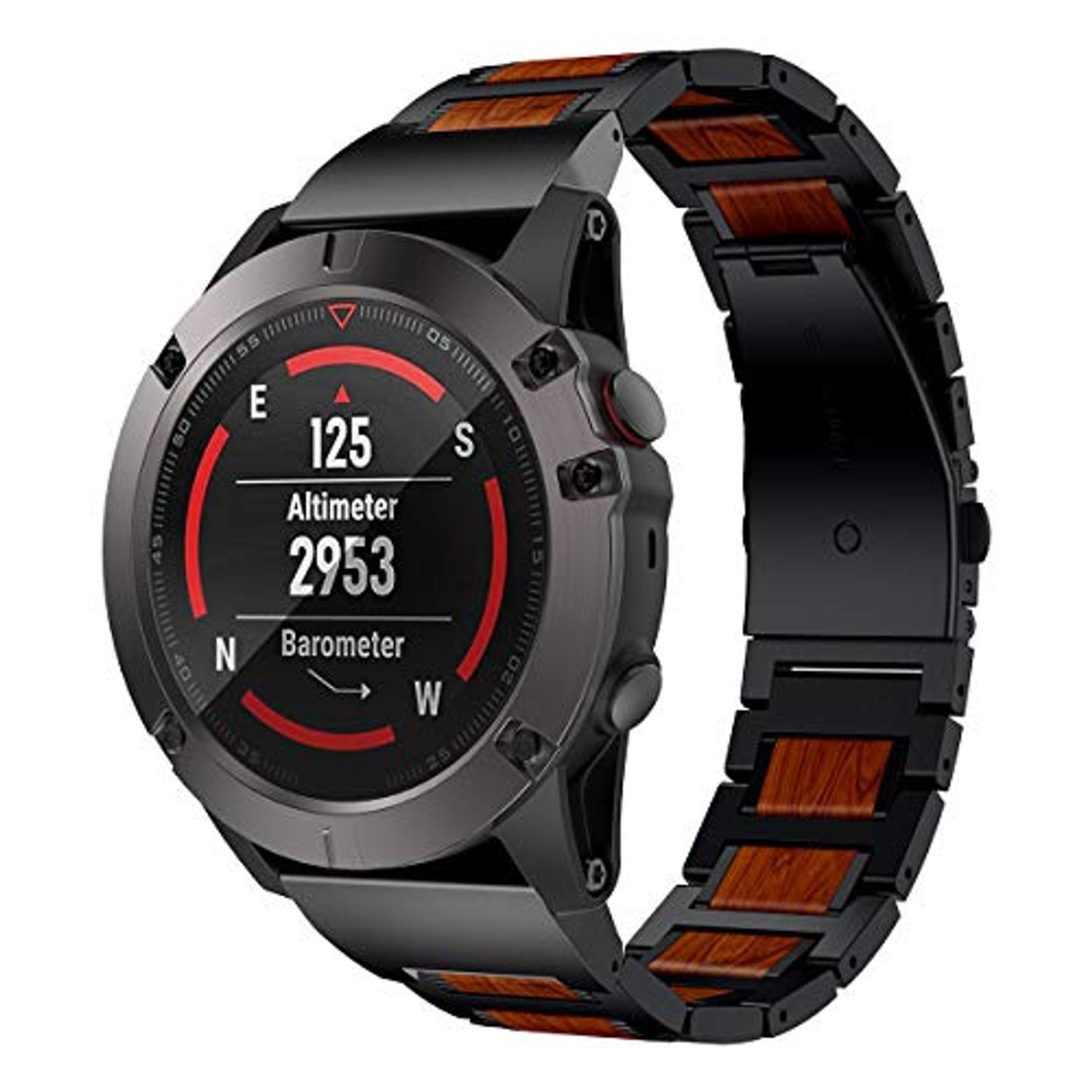 LDFAS Fenix 7X/6X/5X Plus Band, Natural Wood Red Sandalwood Stainless Steel Metal Watch Band, 26mm Quick Release Easy Fit Strap Compatible for Garmin Fenix 7X/6X Pro/5X/5X Plus/3HR/Descent Mk2