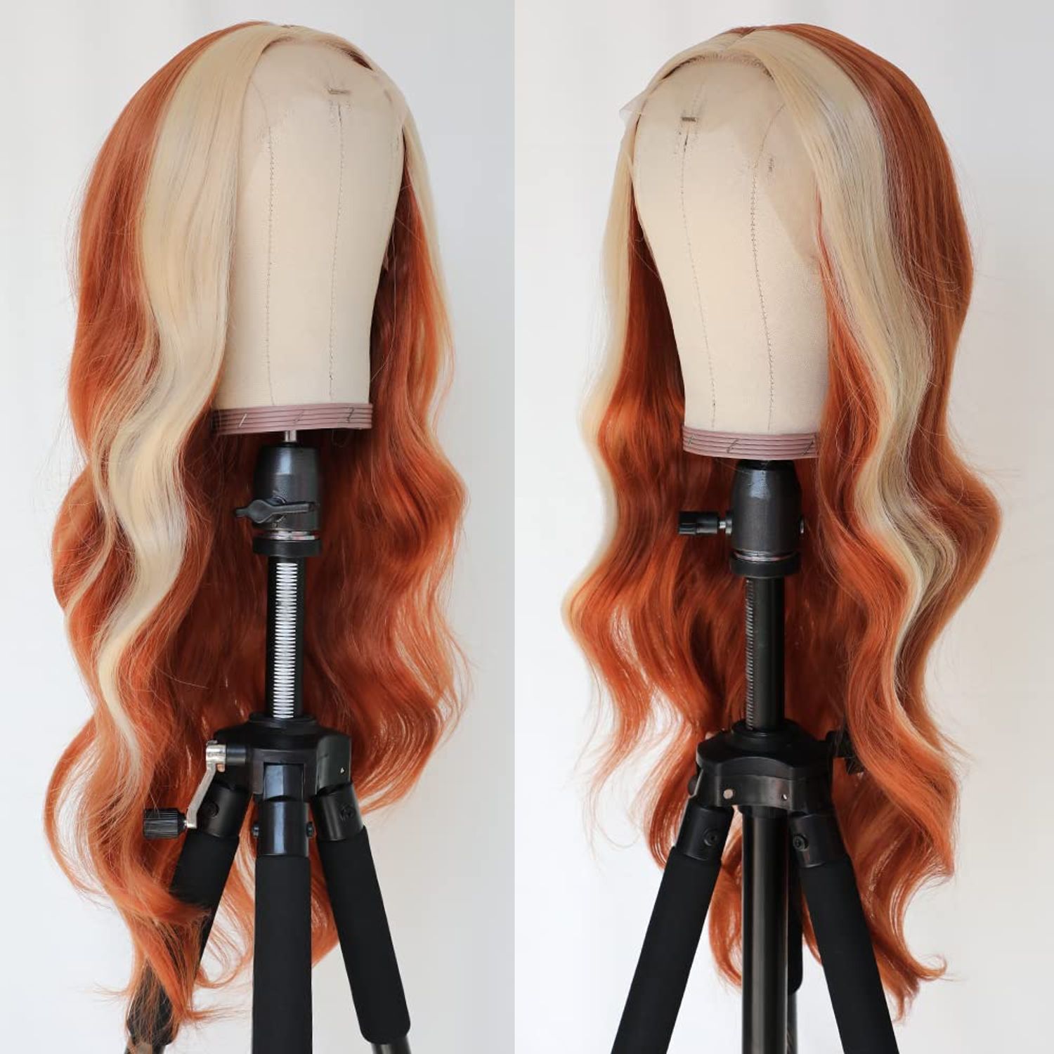 QD-Tizer Ginger Orange Wig with Blonde Highlights Lace Front Wig Blonde Skunk Stripe Long Wavy Wigs Heat Resistant Fiber Hair Synthetic Lace Front Wig for Fashion Women