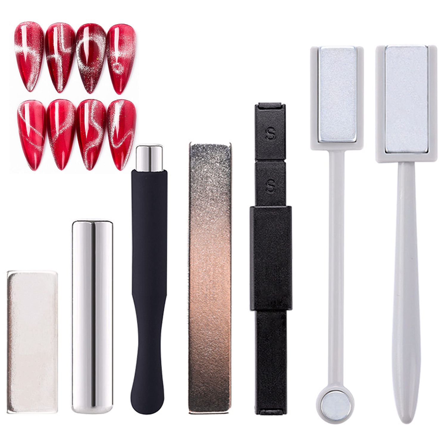 JERCLITY 7 Pieces Cat Eye Magnet for Nails Double-Head Nail Magnetic Stick Multi-Function Magnet Board Square Thickened Cat Eye Strong Magnet Plate Nail Magnet Tool Set for Cat Eye Gel Polish Nail Art