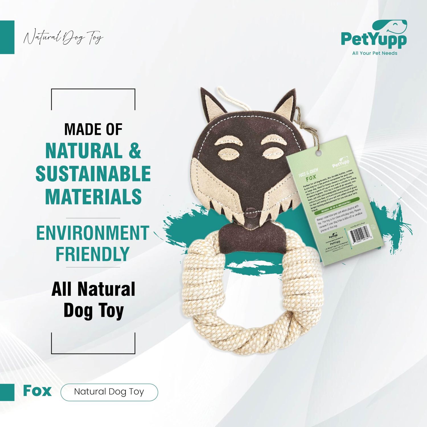 PetYupp Cotton & Jute Toss - Tug Dog Toy with Genuine Leather - for Teething Puppy, Dental Health, Aggressive Chewer, Tug-of-War Dog Toys and All Dog Sizes (Toss & Tug Dog Toy - Fox), Brown