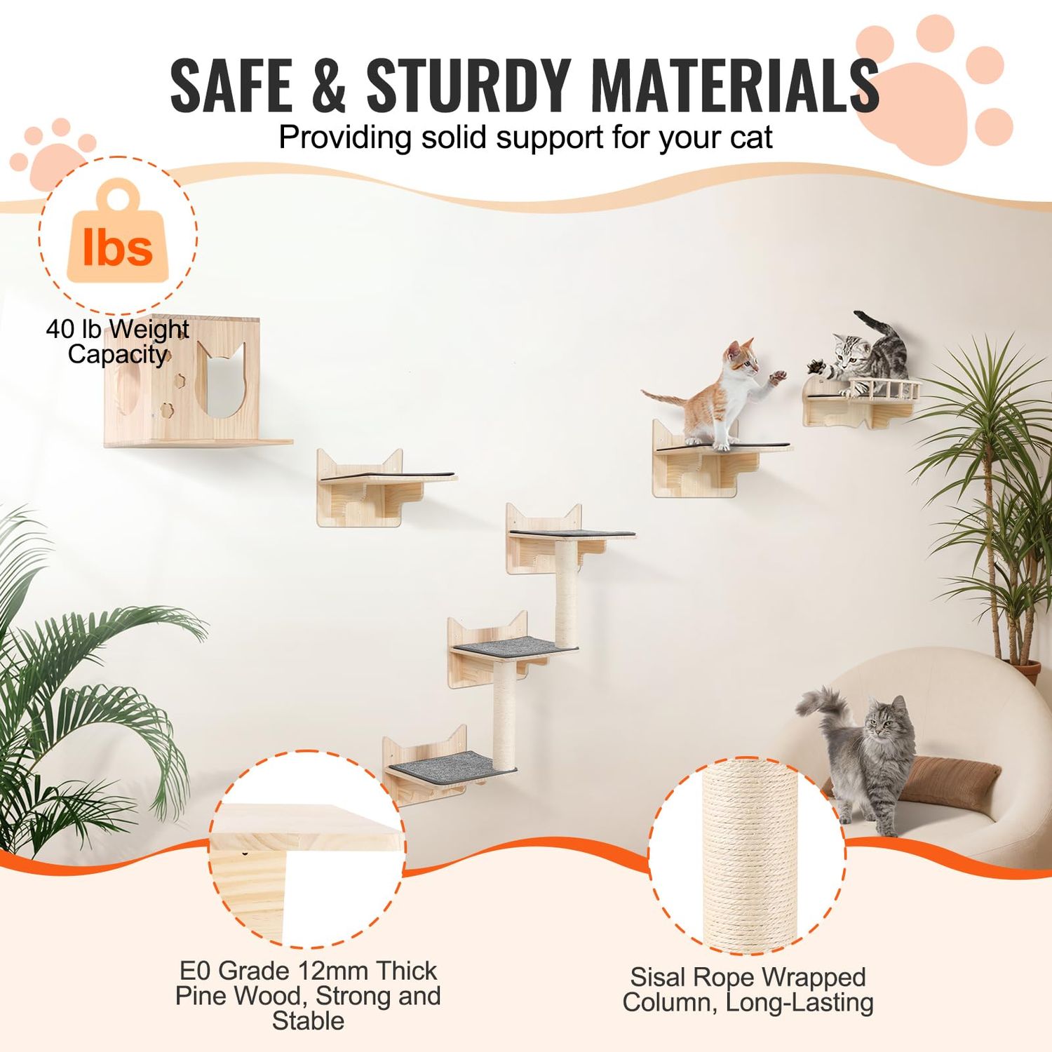 Happybuy Wall Mounted Cat Shelves, Cat Wall Shelves and Perches with Jumping Boards, Nest, Barrier Board & Cat Tree, Cat Floating Furniture up to 40 lbs for Sleeping, Playing, Climbing, Set of 5