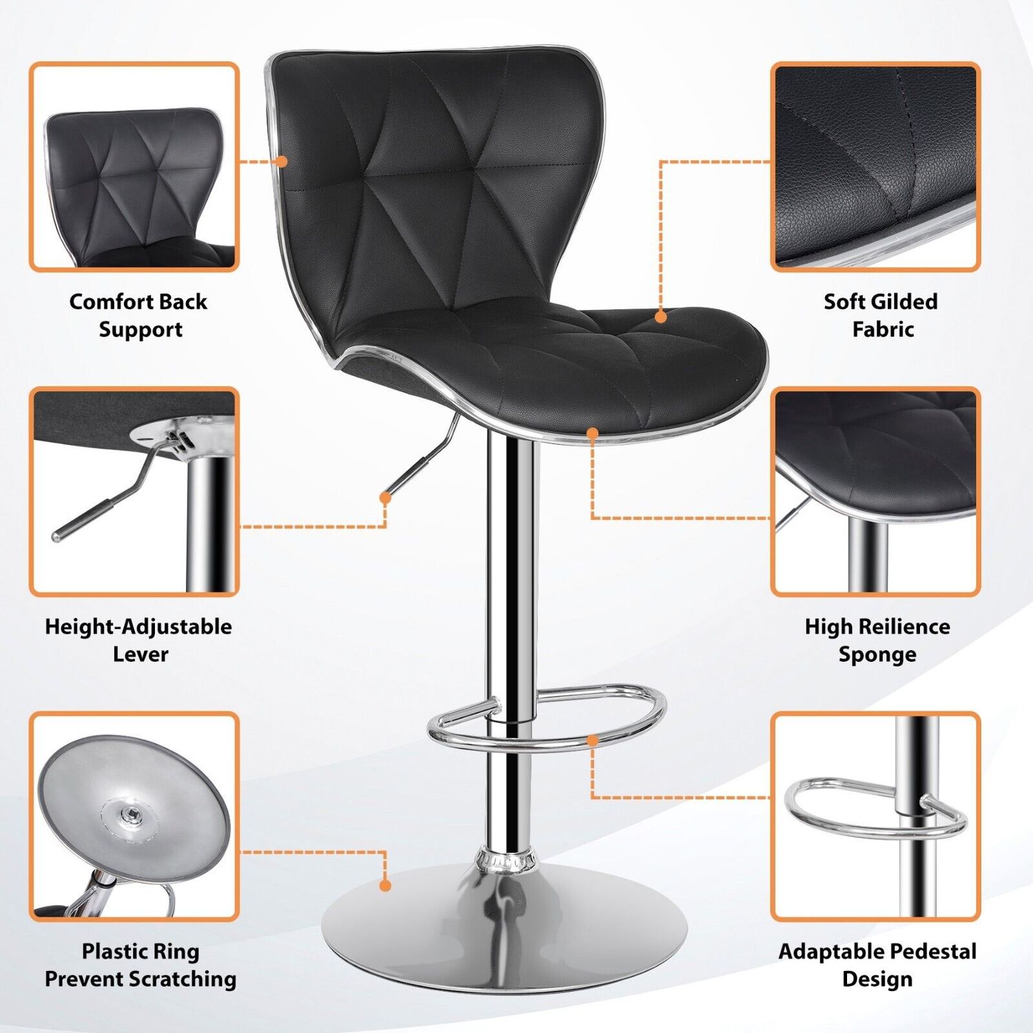 Set of 4 Black Bar Stools w/Shell Back PU Leather Back Adjustable Swivel Stools