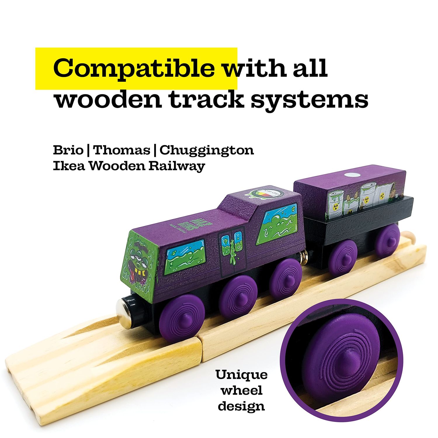 ZANY TRAINS Toddler Halloween Toys - Toxic Ted - Wooden Train Set with Cargo - Compatible with All Wooden Train Sets - Wooden Train Cars - Boo Basket Stuffers - Spooky Puzzle Gifts for Kids