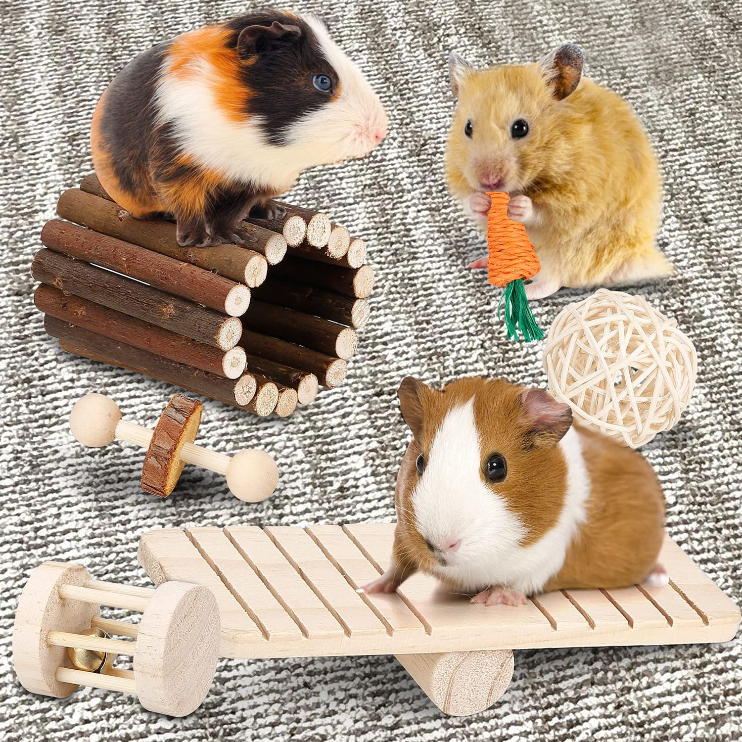Hamster Chew Toys Set Small Animal Molar Toys Teeth Care Wooden Accessories for Guinea Pigs,Chinchillas,Gerbils,Mice,Rats,Mouse Rodents Toy Swing Seesaw Bridge (Wood)
