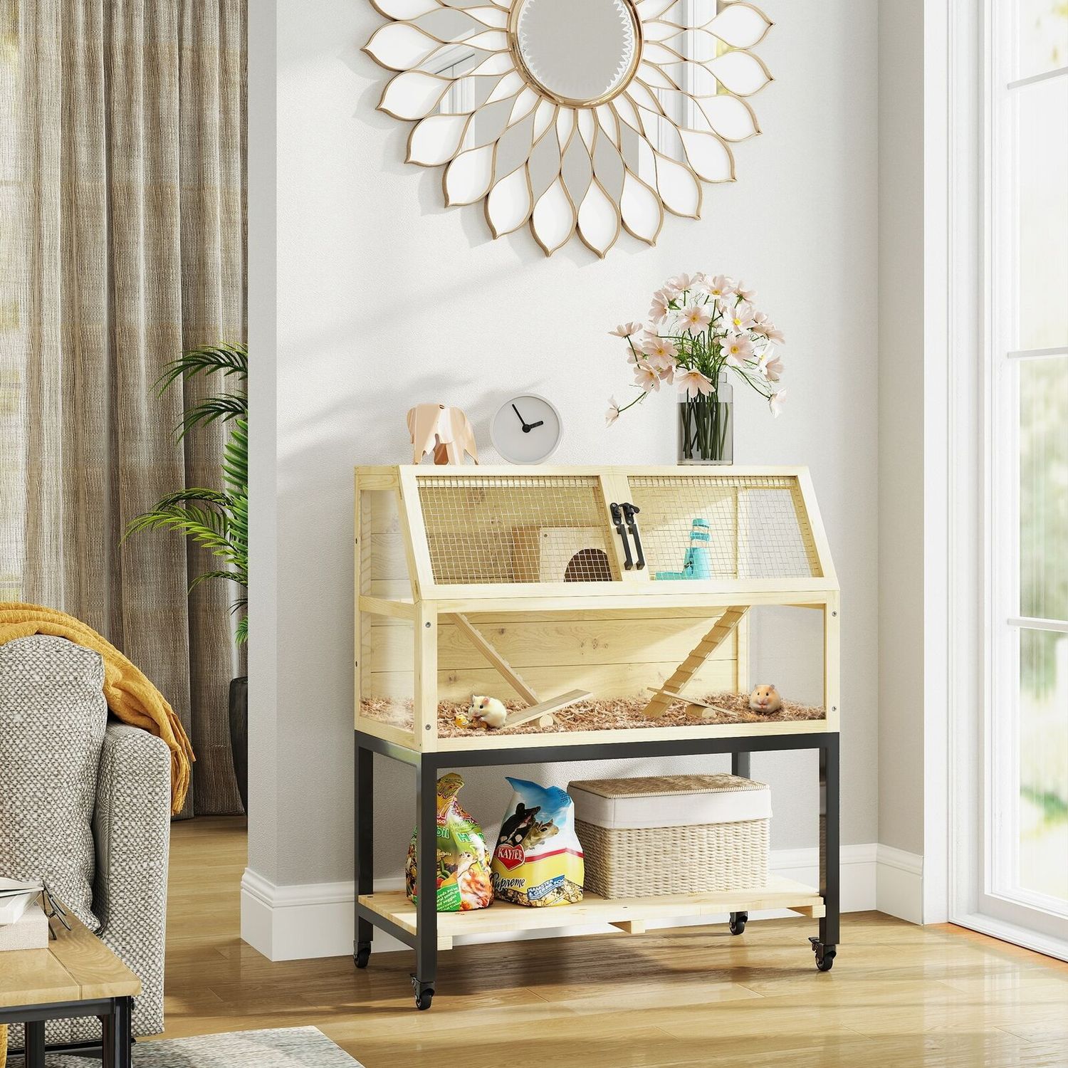Hamster Cage on Wheels with Storage Shelf, 34"L x 17"W x 40"H