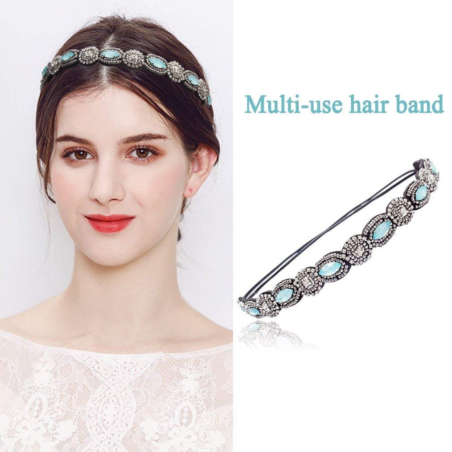 Rhinestone Beaded Elastic Headband - 5 Pcs Fashionable Style Crystal Beaded Hair Ties, Handmade Jewely Headband for Women Girls Lady