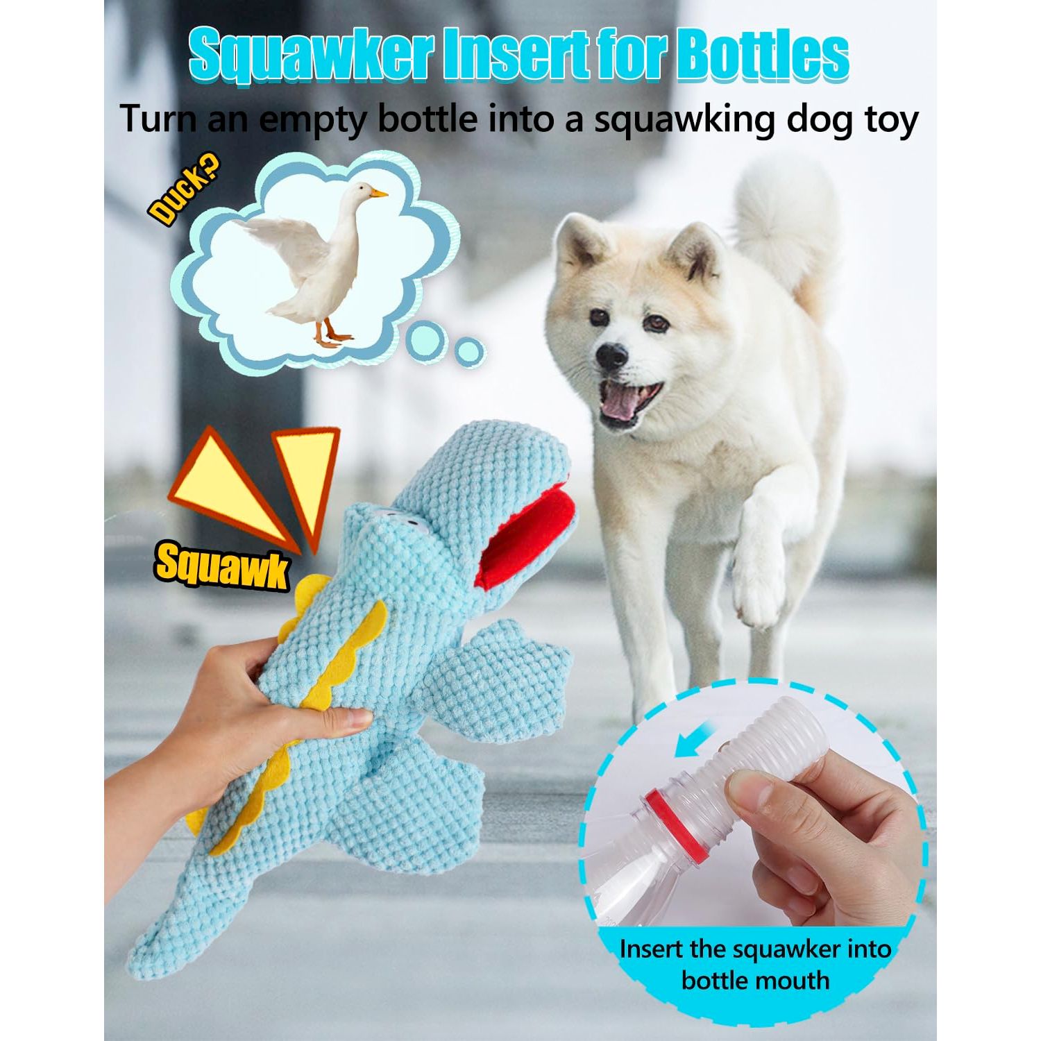 SCHITEC Squeaky Dog Toys, Crinkle Plush Water Bottle Toy with No Stuffing Body, Interactive Squawking Pet Chew Toy for Puppy Small Medium Large Dogs
