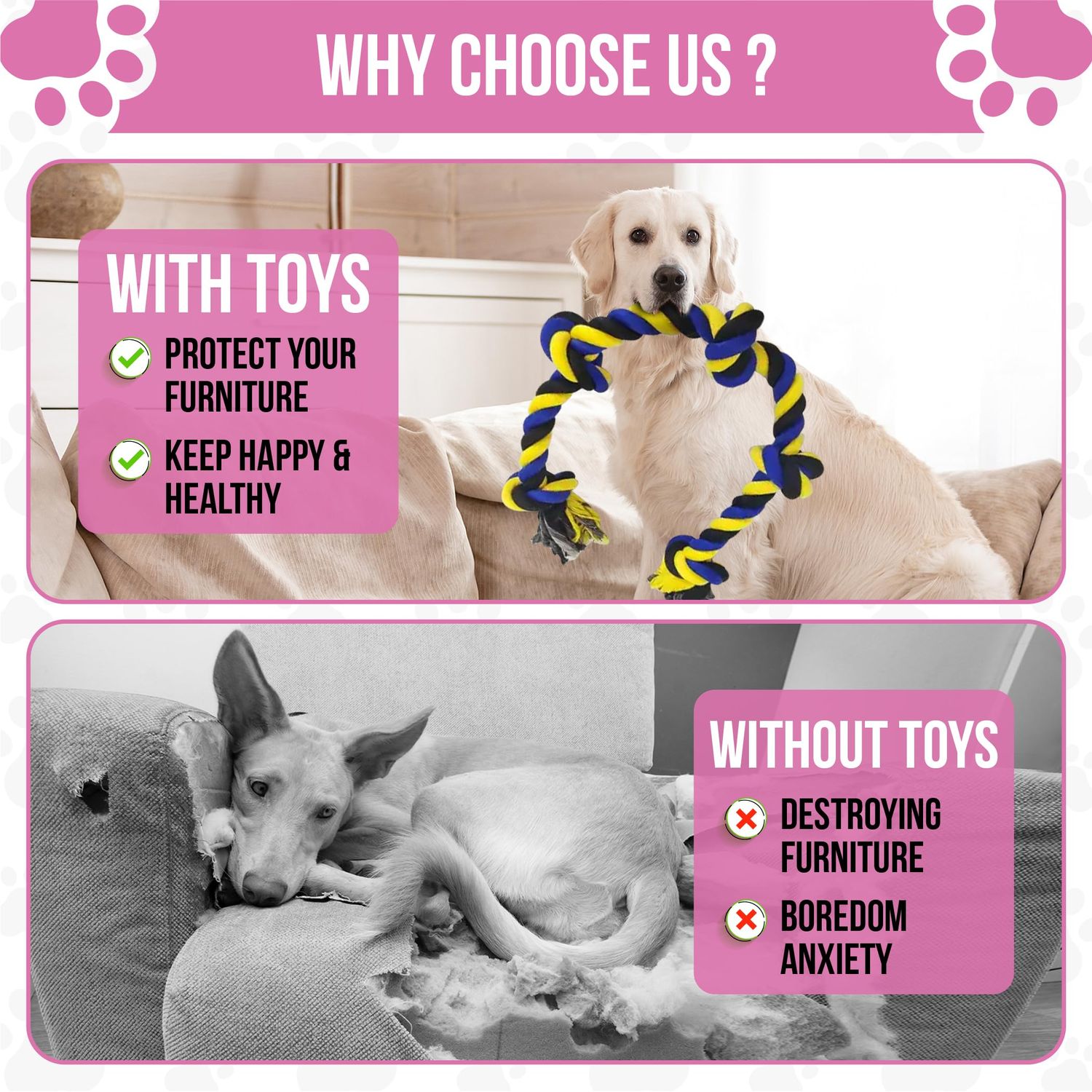 Petfecta- Dog Chew Toys - Indestructible Dog Toy for Aggressive Chewers, Natural Cotton Material, Promotes Dental Health, Extra Long & Durable, Indoor & Outdoor Play, Bright Yellow & Blue