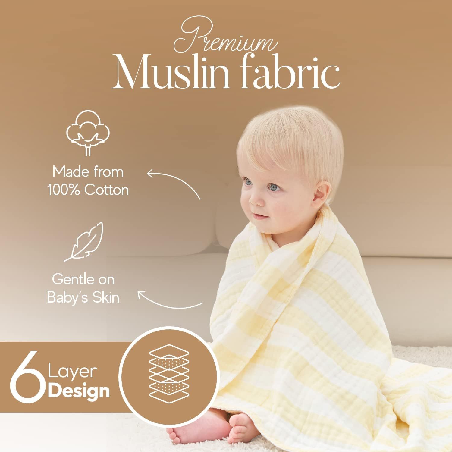 HardNok Muslin Baby Bath Towel Set, 2 Large Gauze Super Soft Baby Bath Towel and 3 Washcloths, 6 Layers Muslin Cotton Infant Blanket Suitable for Baby's Delicate Skin (Amsicotion)