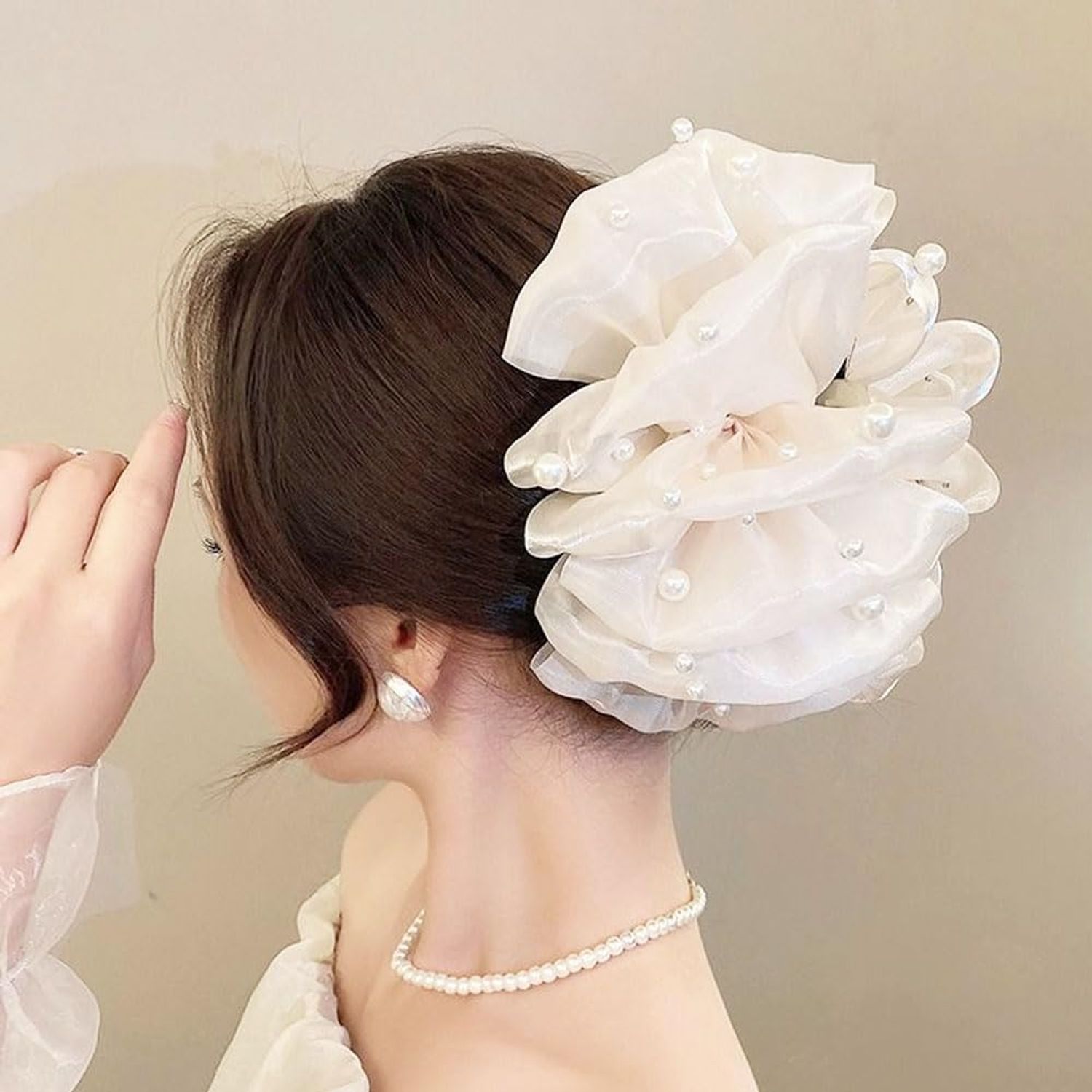 2 PCS Chiffon Silk Hair Claw Clips Large Pearl Hair Claw Clips Bows Hair Clips Barrtette Hair Accessories for Women Girls
